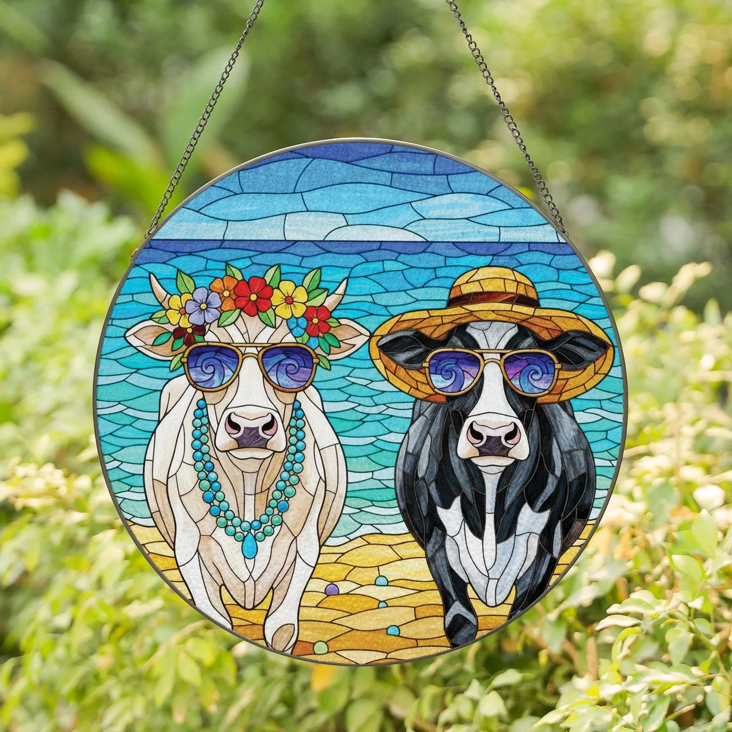 Cows in Sunglasses Floral Wreath Beach Scene - Home Decor Gift for Cow Lover Stained Glass Suncatcher - 1