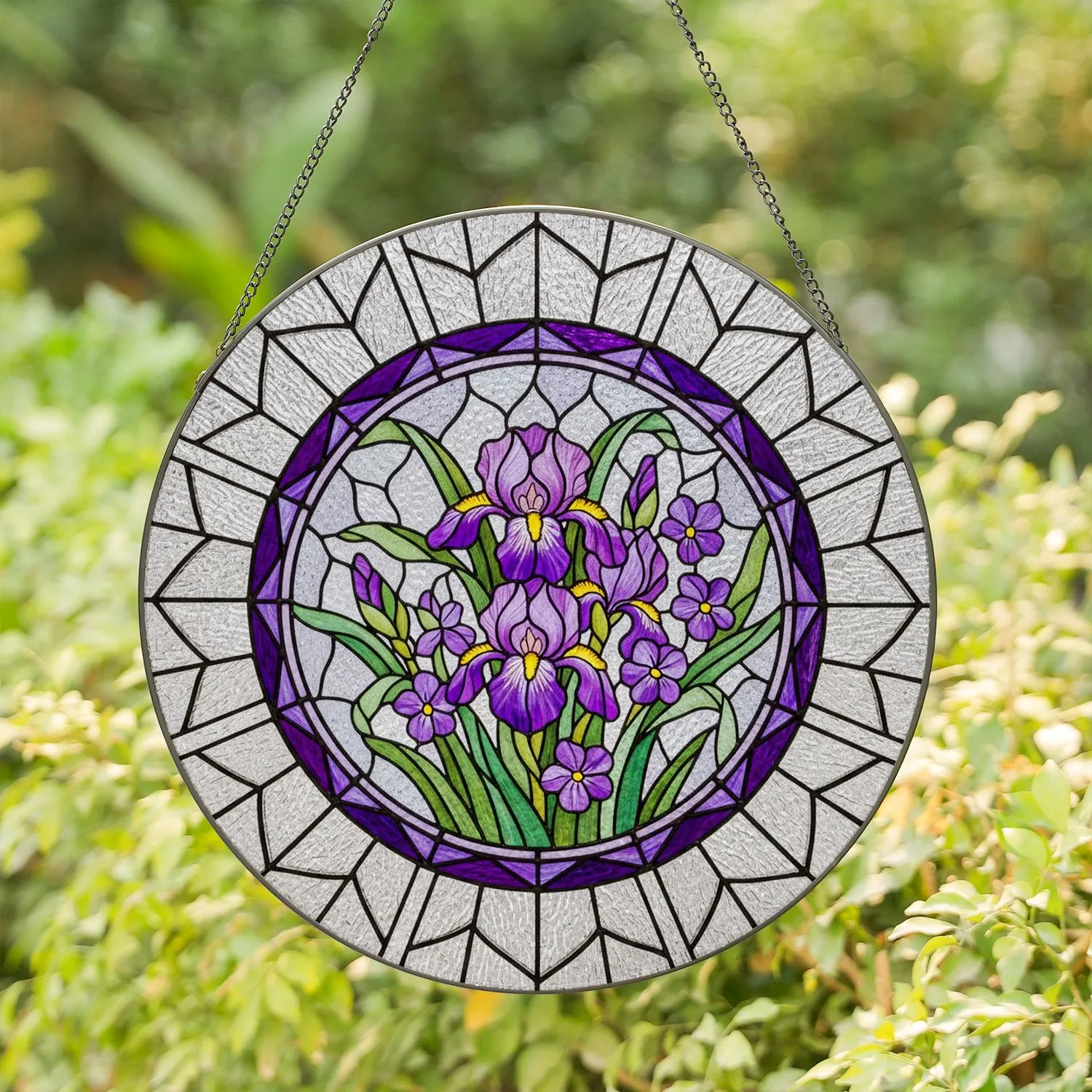 Blooming Purple Flowers Yellow Centers Green Leaves Ornate Border - Home Decor Gift Stained Glass Suncatcher - 1