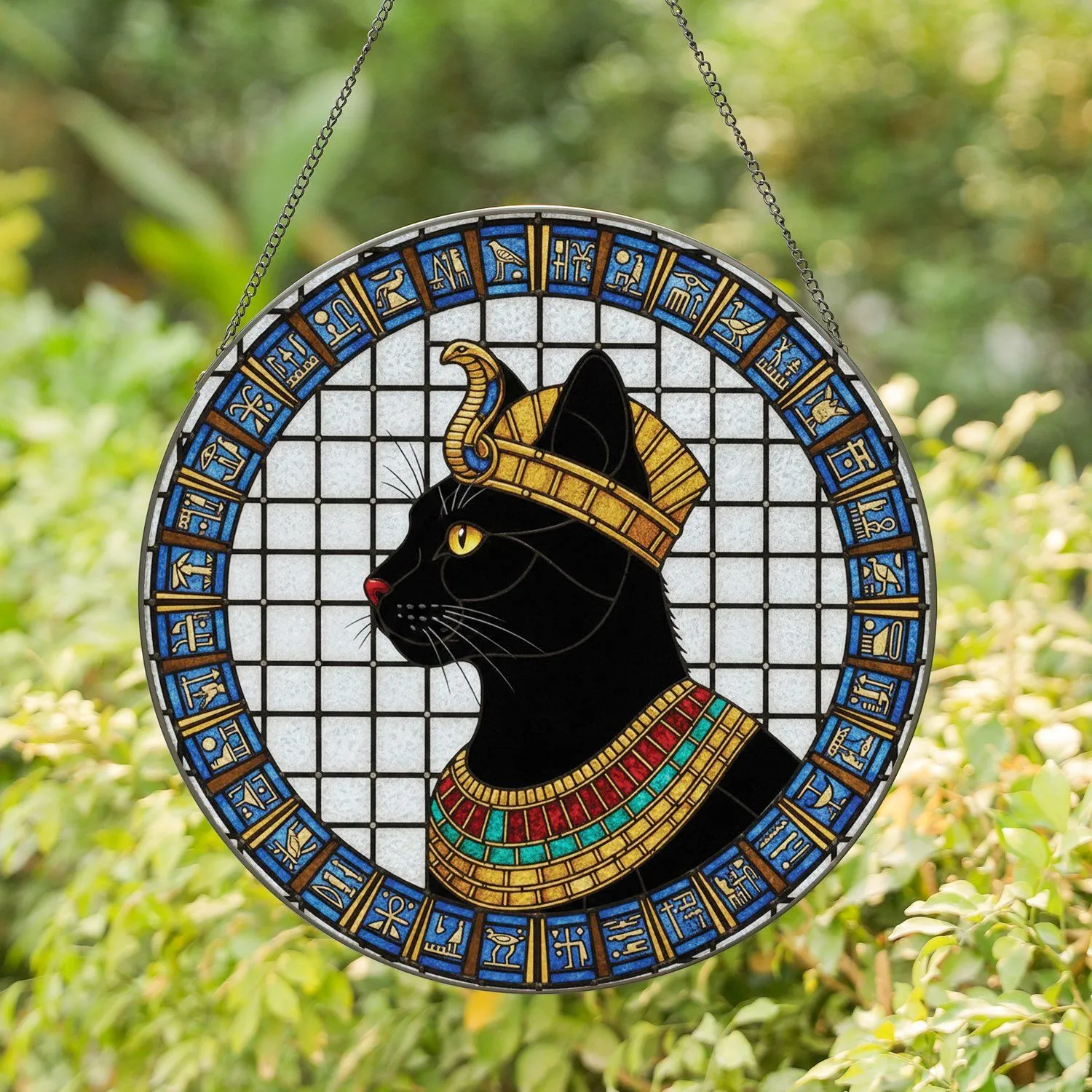 Black Cat Pharaoh Crown Ankh Egyptian Jewels - Home Decor for Cat Lovers Stained Glass Suncatcher - 1
