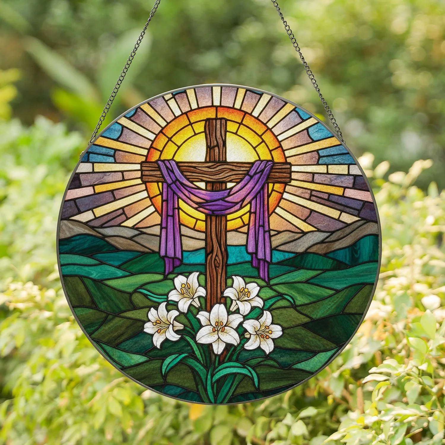 Rustic Wooden Cross Purple Fabric White Lilies Radiant Sunburst Rolling Hills Home Decor Gift Stained Glass Suncatcher - 1
