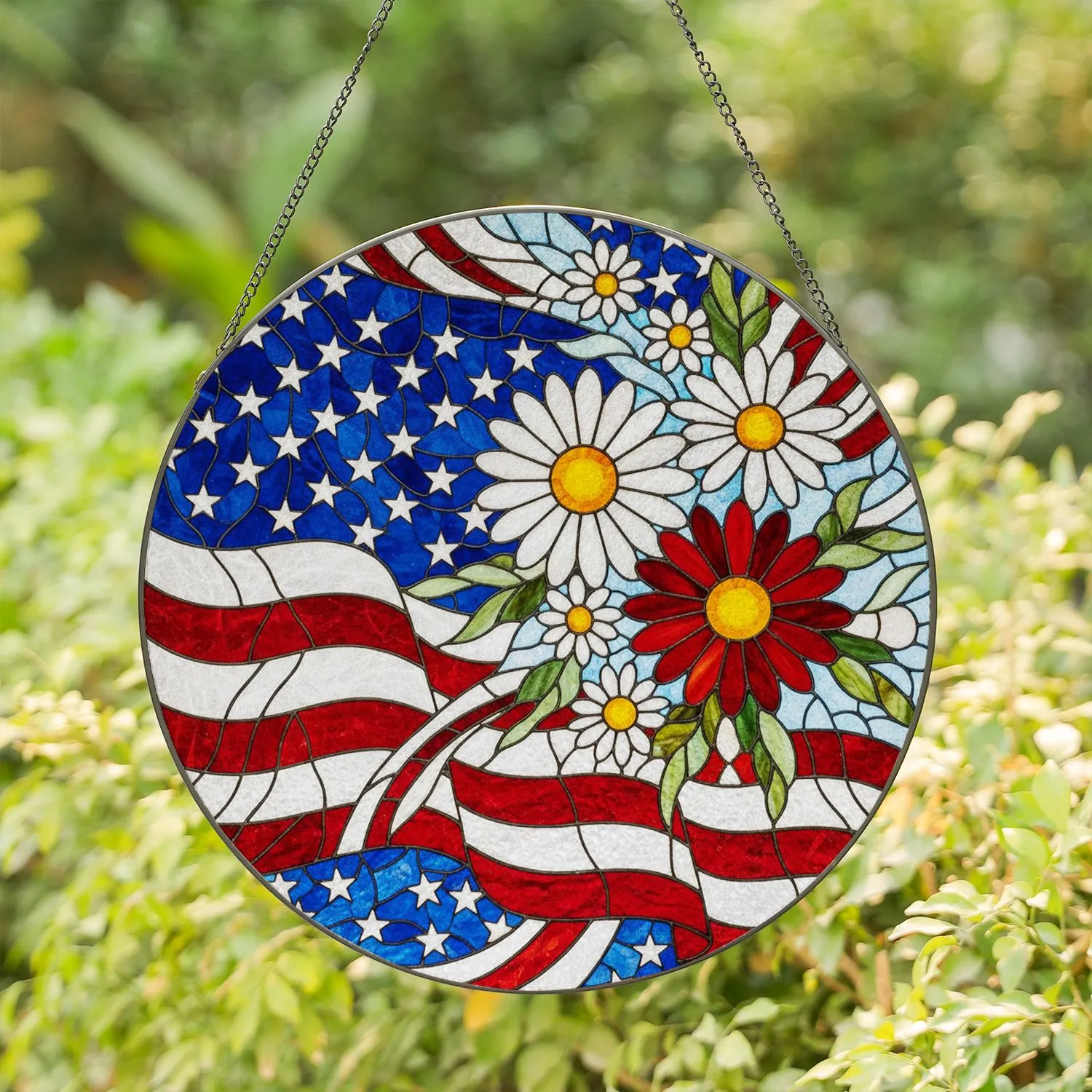 Patriotic American Flag Daisy Flowers - Home Decor Gift for Proud Americans Stained Glass Suncatcher - 1