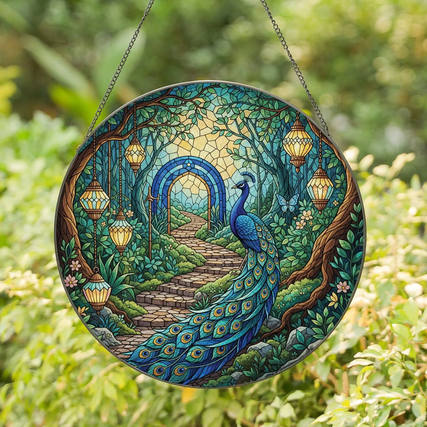 Peacock Butterfly Lanterns Cobblestone Path Forest - Home Decor Gift for Wildlife Lover Stained Glass Suncatcher - 1