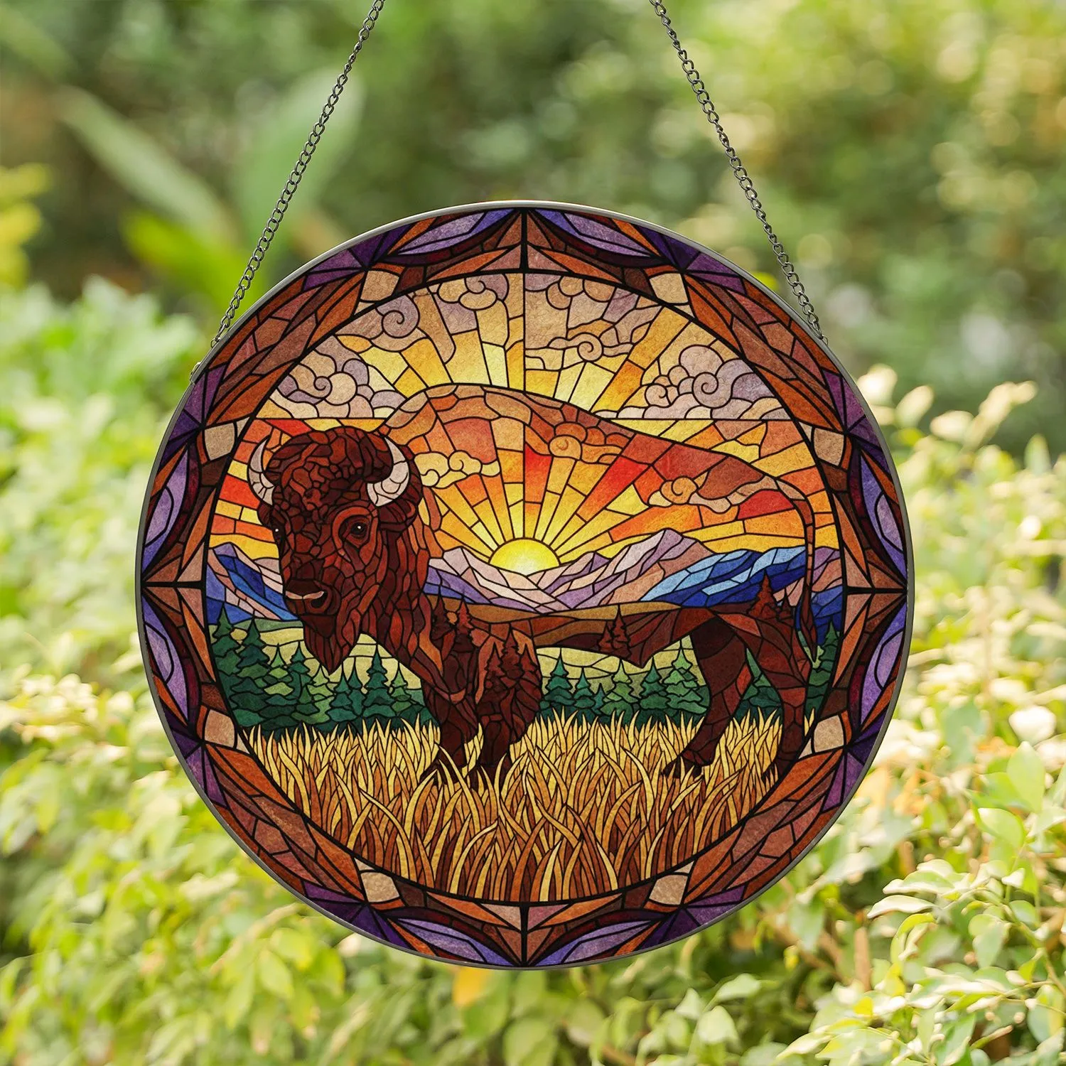 American Bison Sunset Mountains Landscape - Home Decor Gift for Wildlife Lover Stained Glass Suncatcher - 1