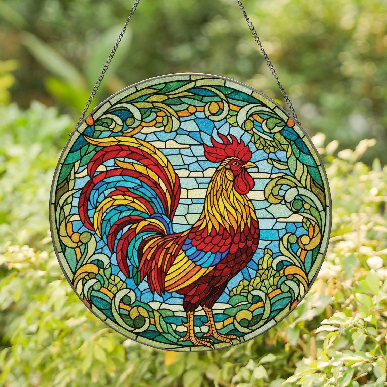 Proud Rooster Organic Swirls Geometric Patterns Farmhouse Decor Gift for Rooster Lover Stained Glass Suncatcher - 1
