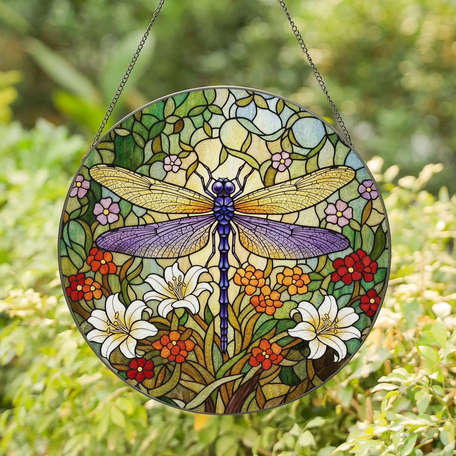 Ornate Dragonfly Iridescent Wings White Lilies Red Blossoms - Tiffany Glass Home Decor Gift Stained Glass Suncatcher - 1