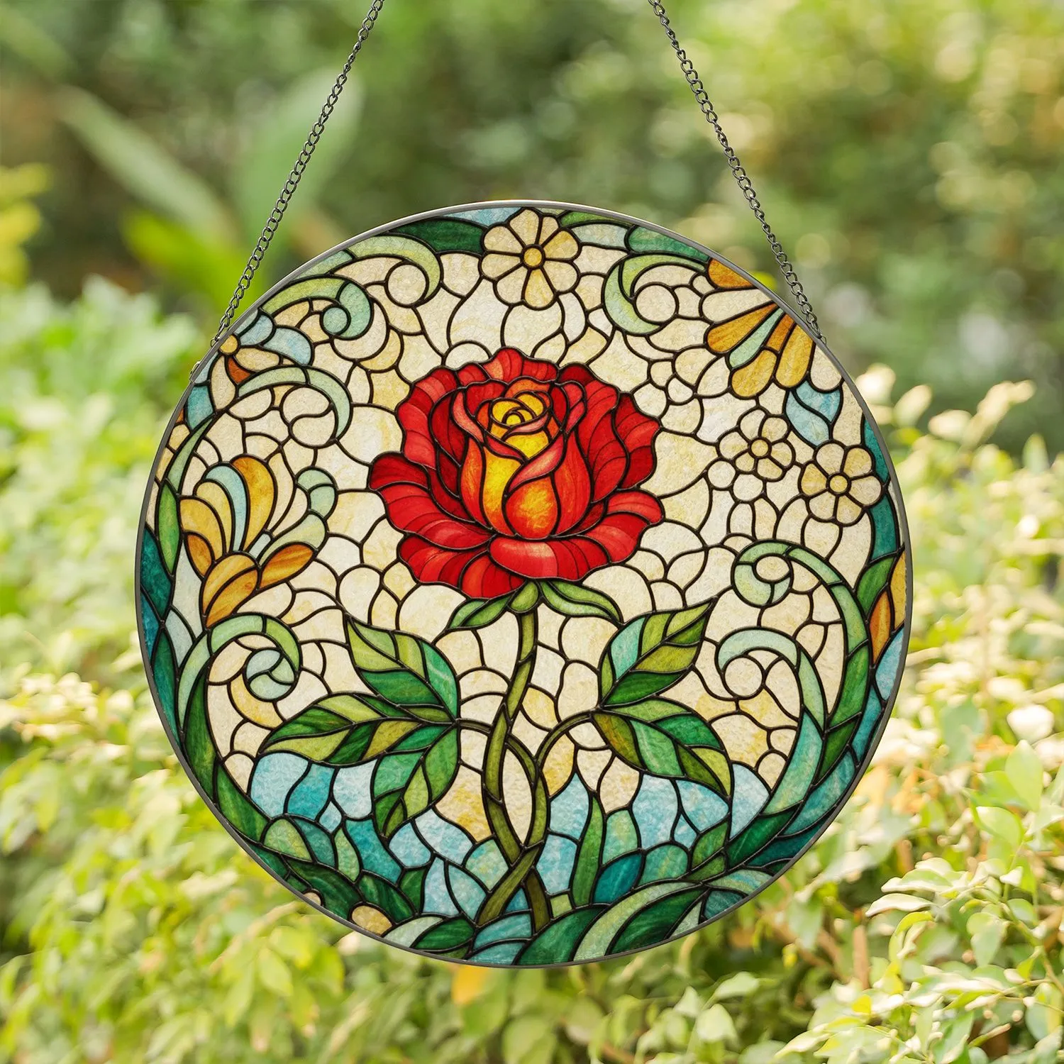 Sunlit Stained Glass Rose Flower Botanical - Home Decor Gift for Flower Lovers Stained Glass Suncatcher - 1