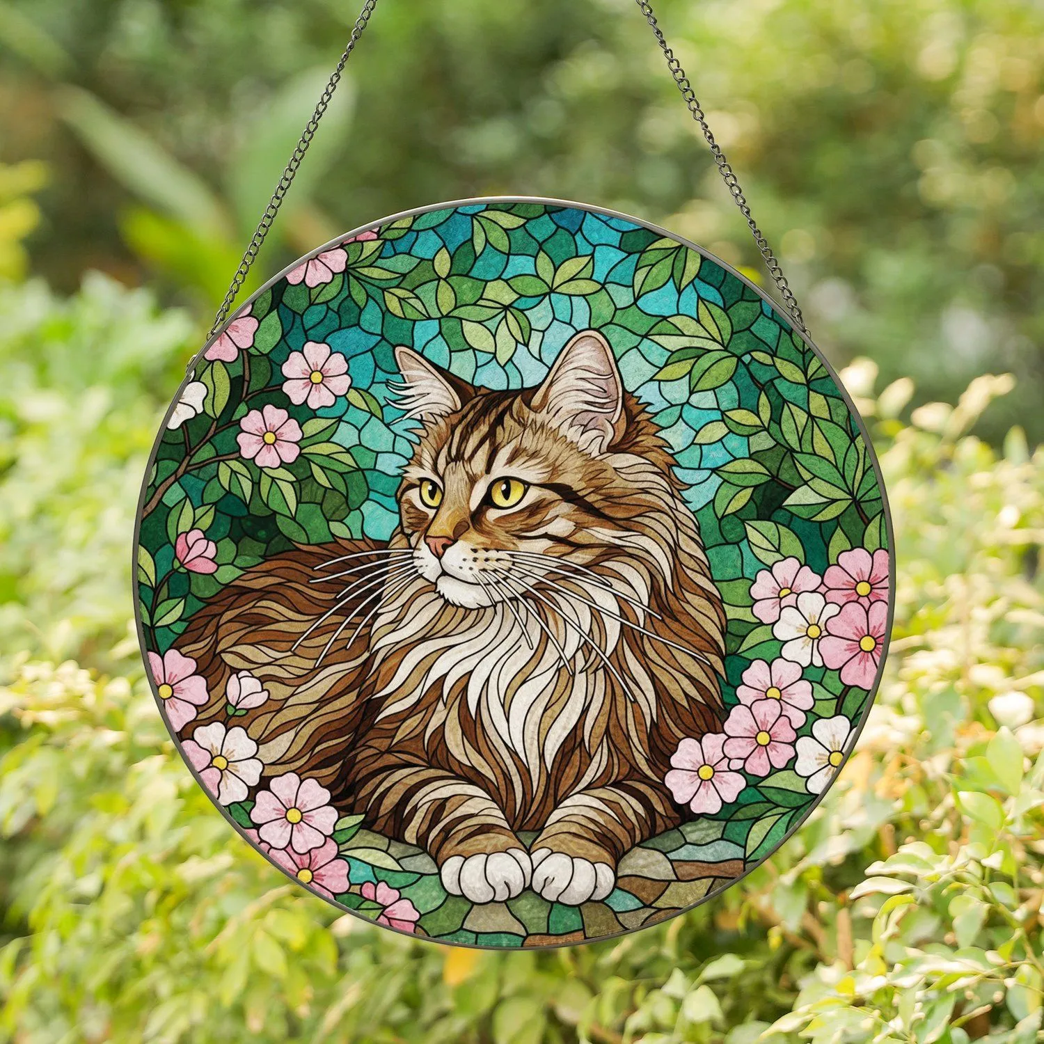 Long-haired Tabby Cat Stained Glass Garden Flowers - Home Decor Gift for Cat Lover Stained Glass Suncatcher - 1