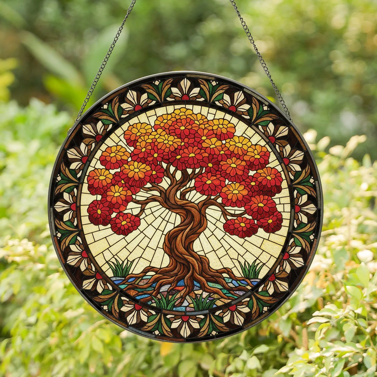 Gnarled Tree Chrysanthemum Leaves Jewel Tone Stained Glass - Home Decor Gift Stained Glass Suncatcher - 1