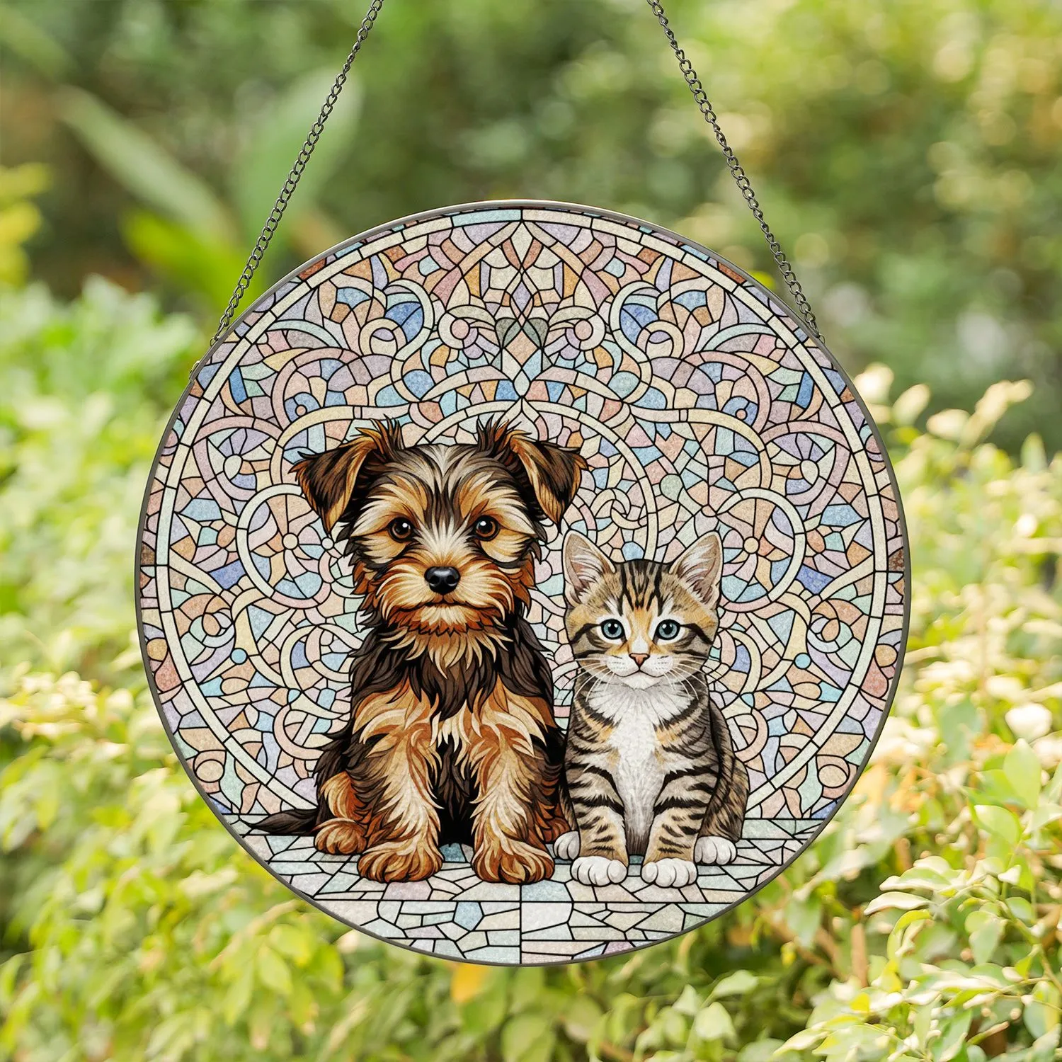 Fluffy Yorkshire Terrier Puppy Tabby Kitten - Home Decor Gift for Pet Owners Stained Glass Suncatcher - 1