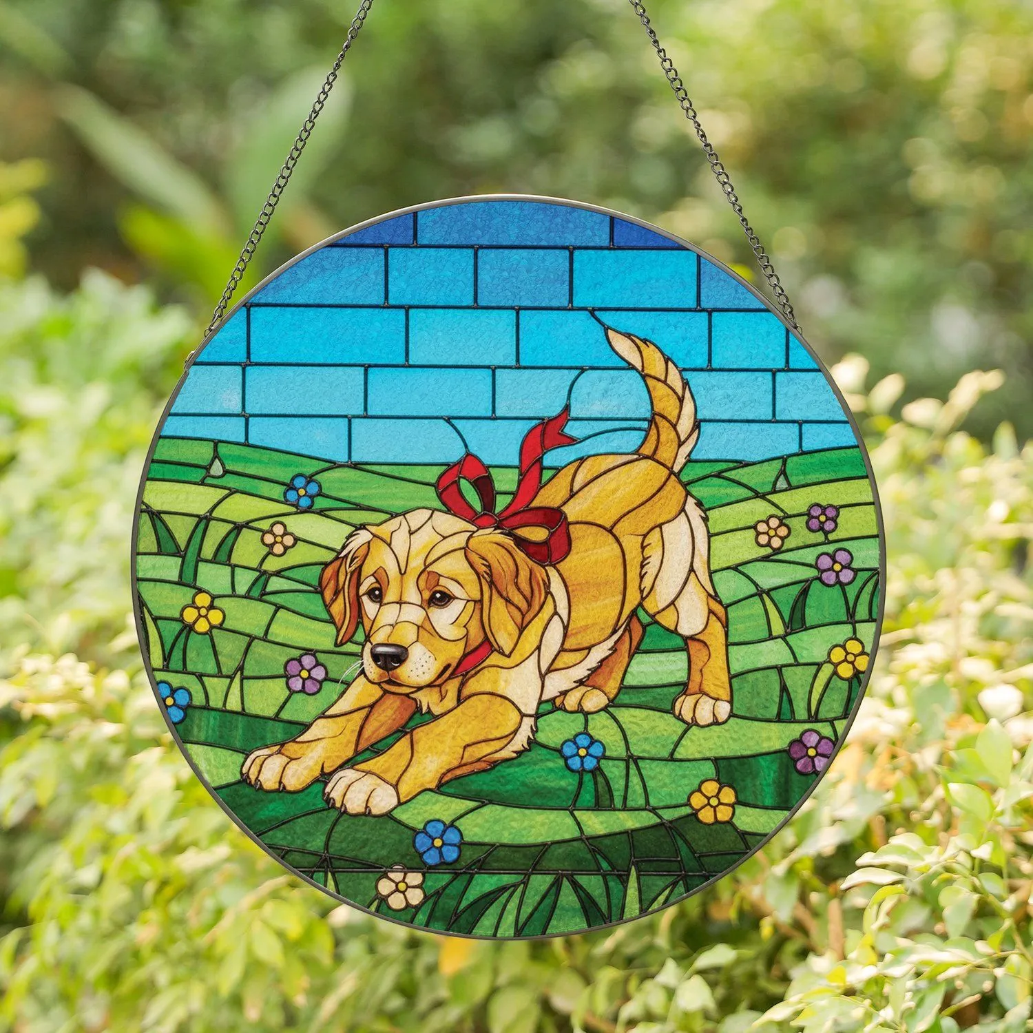 Jewel Tone Golden Retriever Puppy Play Bow Wildflower Mosaic - Home Decor Gift for Dog Lover Stained Glass Suncatcher - 1