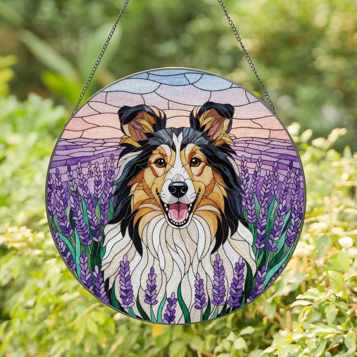 Smiling Tricolor Shetland Sheepdog Lavender Meadow - Home Decor Gift for Dog Lover Stained Glass Suncatcher - 1