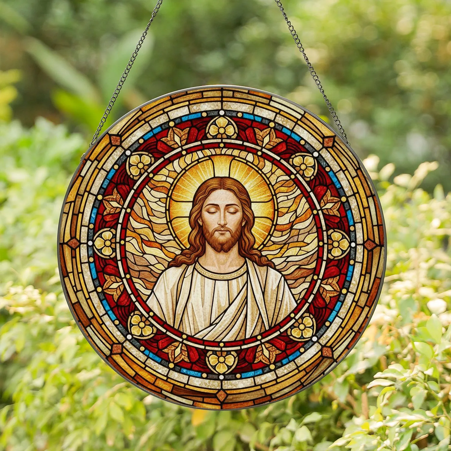 Jesus Christ Golden Halo Celestial Light Mosaic Circular Border - Home Decor Gift Stained Glass Suncatcher - 1