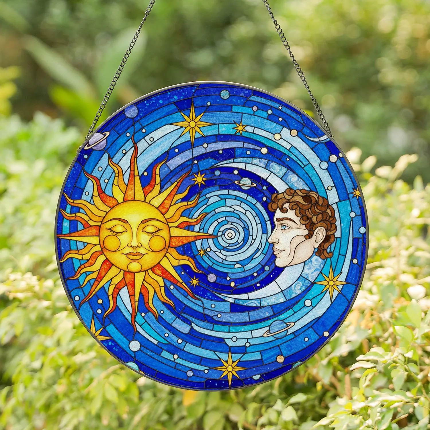 Feminine Sun Male Moon Faces Cosmic Sky Stars Planets - Home Decor Gift Stained Glass Suncatcher - 1
