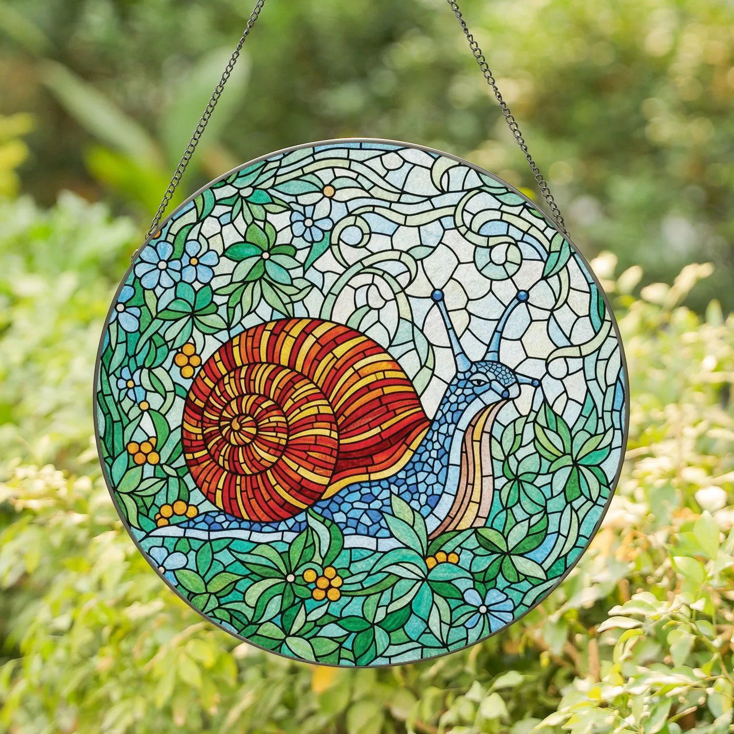 Jewel Tone Stained Glass Snail Lush Foliage Mosaic - Home Decor Gift Nature Lover Stained Glass Suncatcher - 1