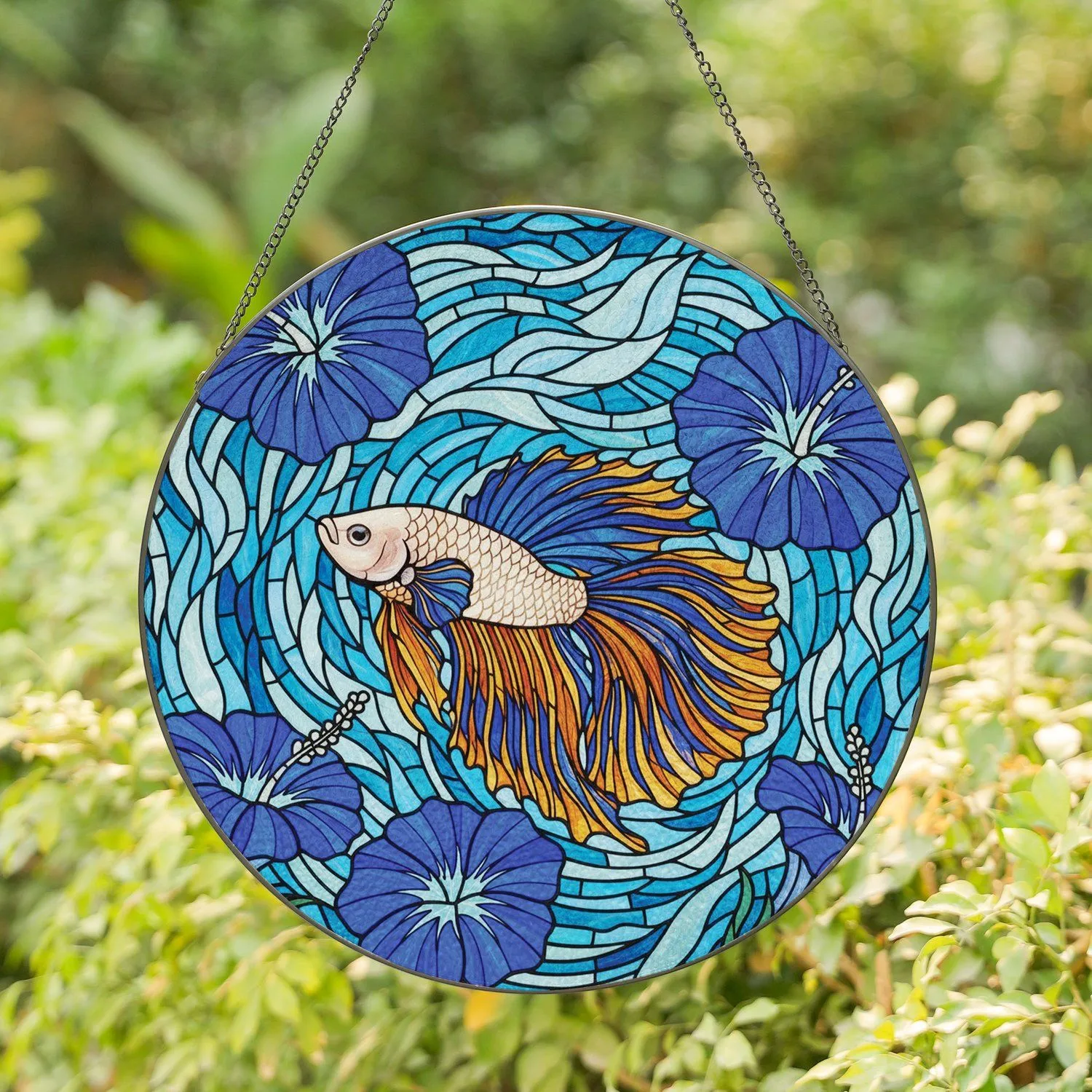 Betta Fish Blue Hibiscus Underwater Mosaic - Fish Lover Home Decor Gift Stained Glass Suncatcher - 1