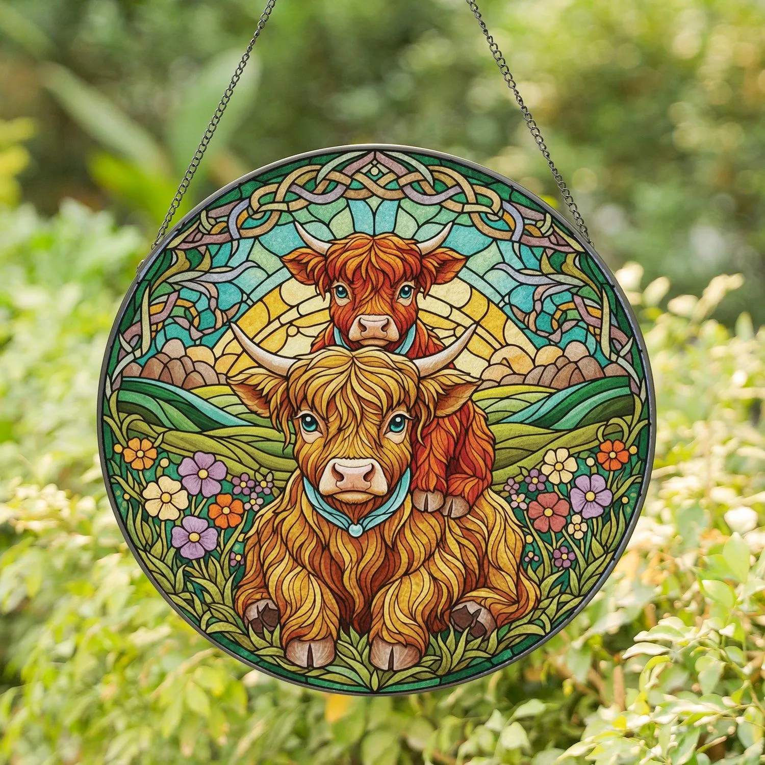 Highland Cow Calves Rolling Hills Wildflowers Celtic Knot - Farmhouse Home Decor Gift Stained Glass Suncatcher - 1