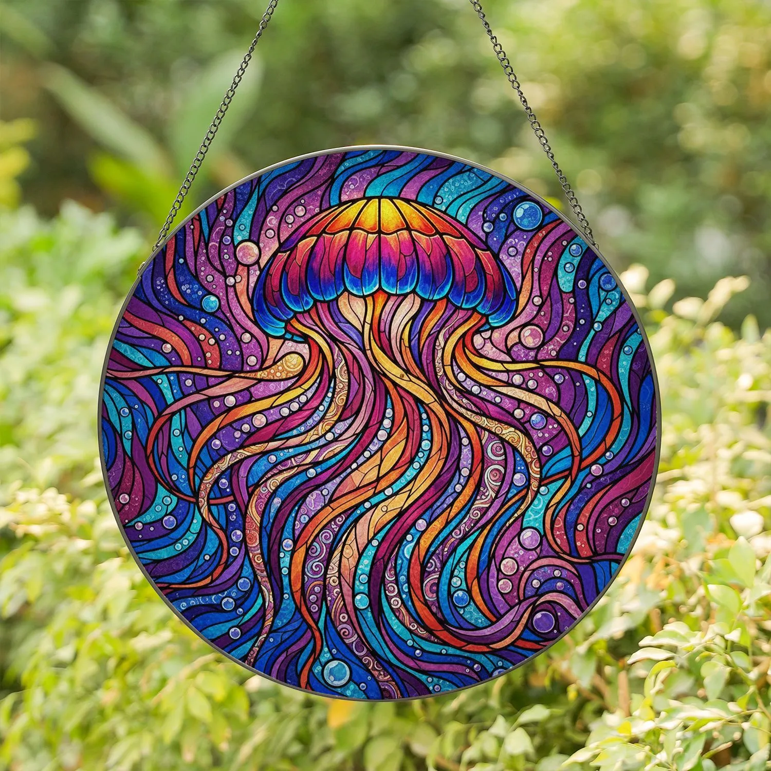 Majestic Jellyfish Flowing Tentacles Ocean Water Bubbles Home Decor Gift for Wildlife Lover Stained Glass Suncatcher - 1