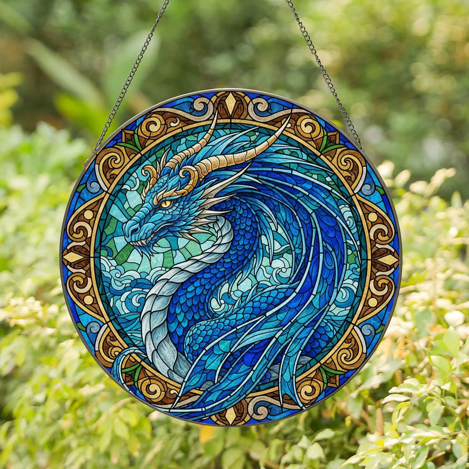 Majestic Blue Dragon Tiffany Glass Swirling Sky Water Patterns - Home Decor Gift Stained Glass Suncatcher - 1