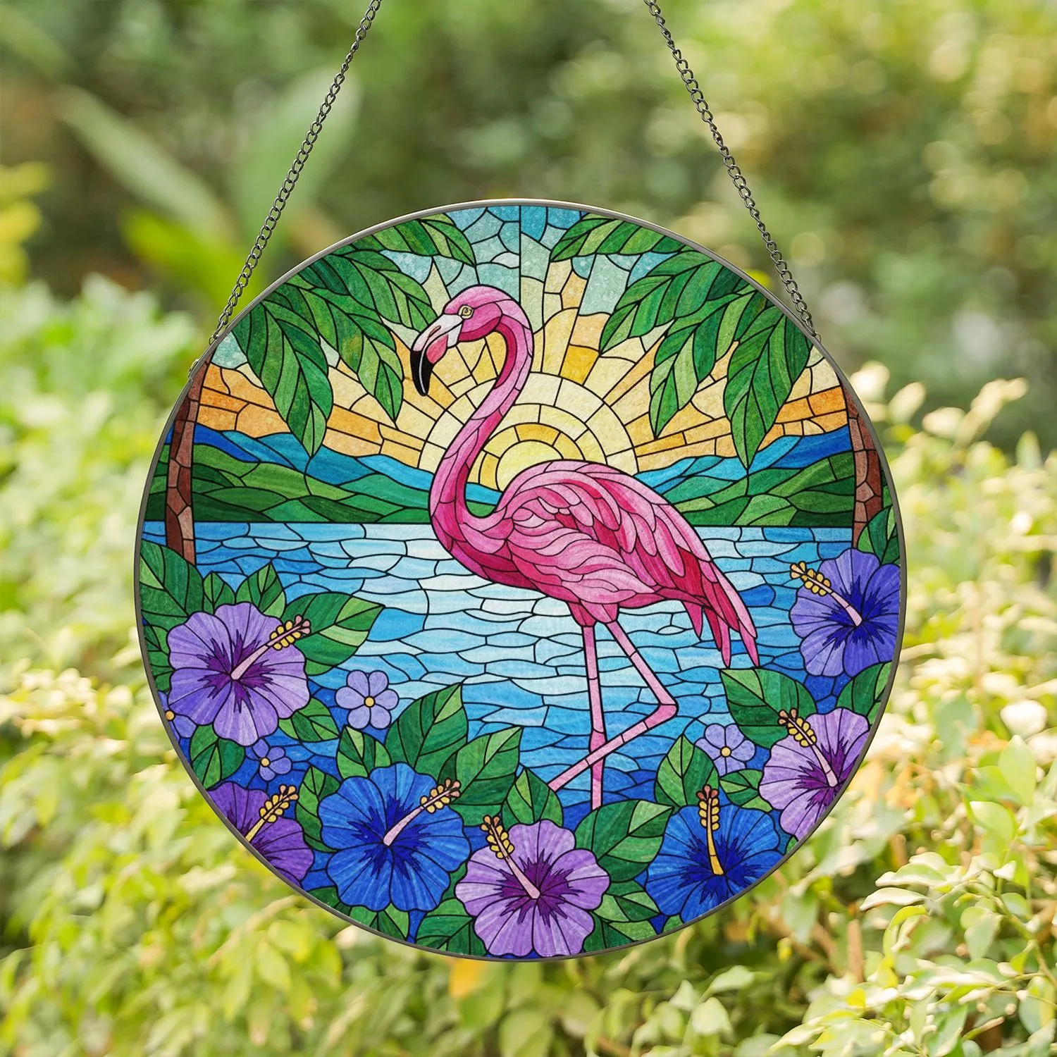 Tiffany Style Pink Flamingo Tropical Hibiscus Floral Landscape - Home Decor Gift Stained Glass Suncatcher - 1