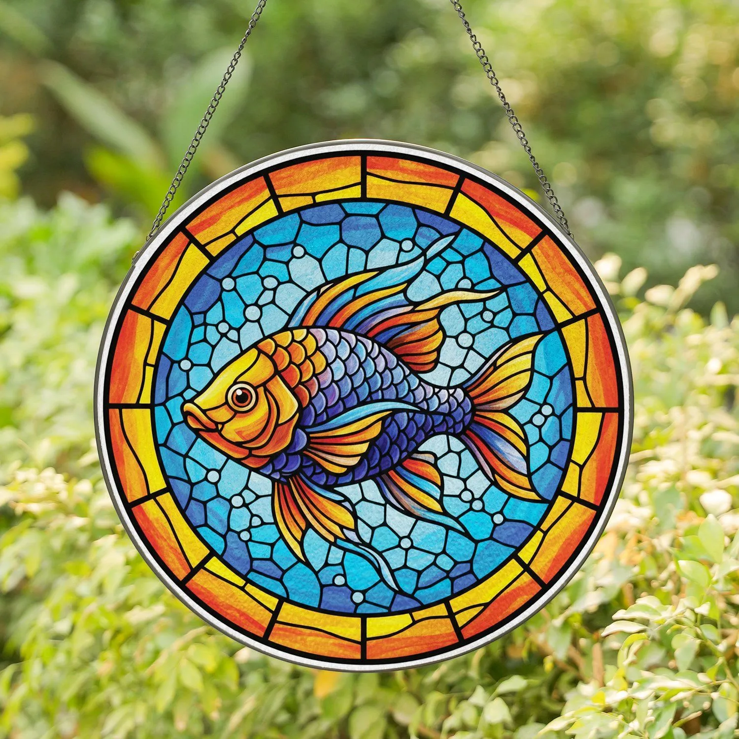 Ornate Stained Glass Fish Aquatic Mosaic - Home Decor Gift for Fish Lover Stained Glass Suncatcher - 1