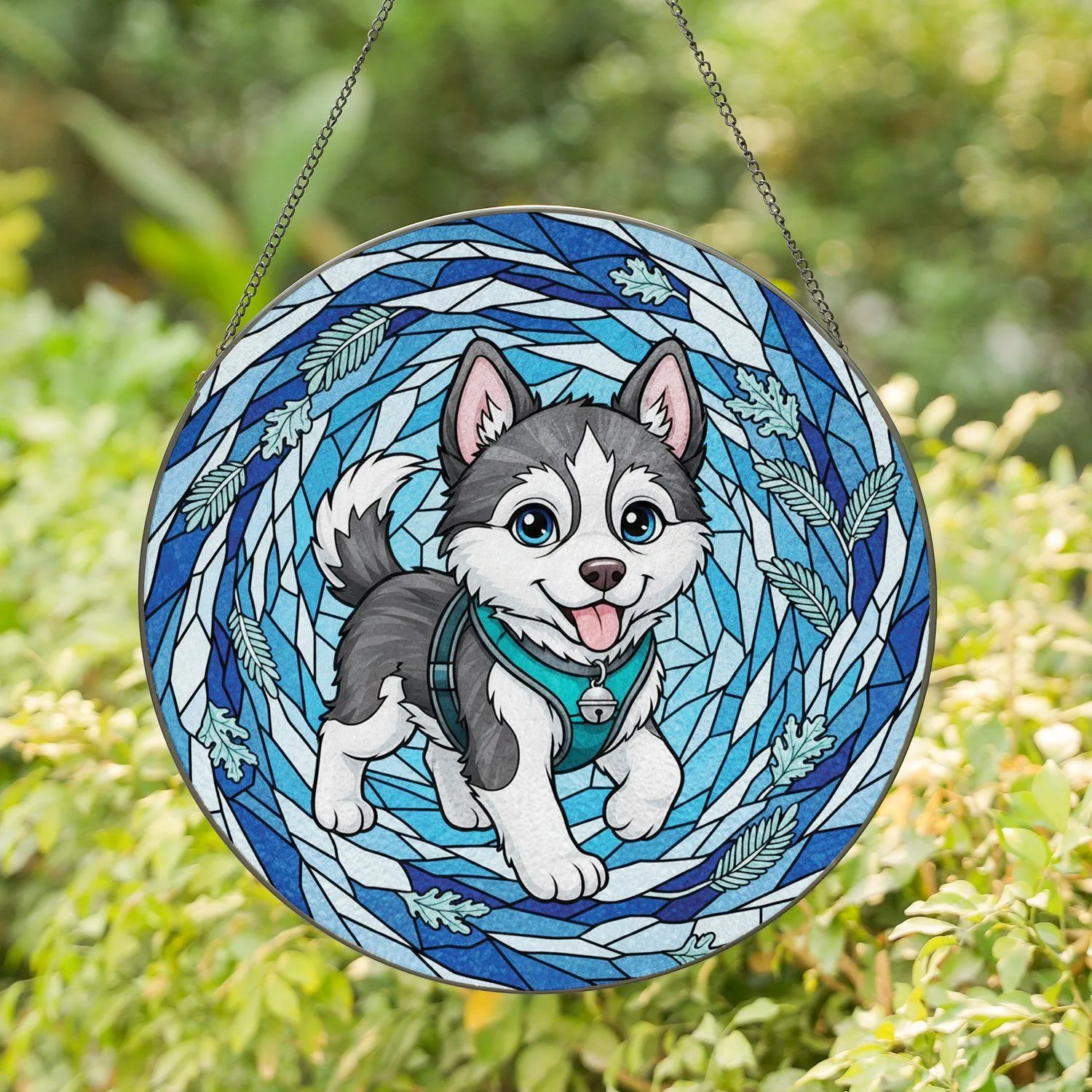Playful Husky Puppy Ice Shards - Home Decor Gift for Dog Lover Stained Glass Suncatcher - 1