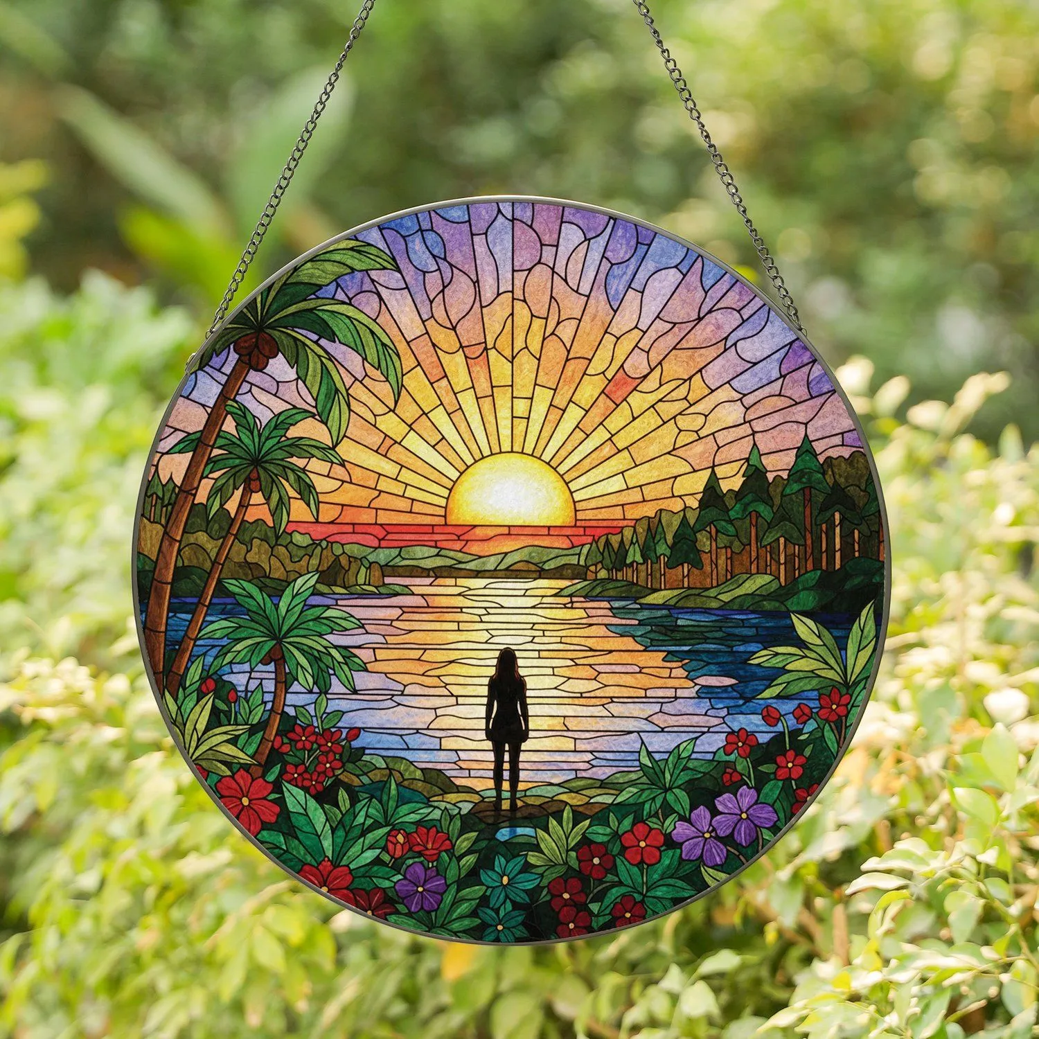 Silhouetted Person Radiant Setting Sun Tropical River - Home Decor Gift Stained Glass Suncatcher - 1