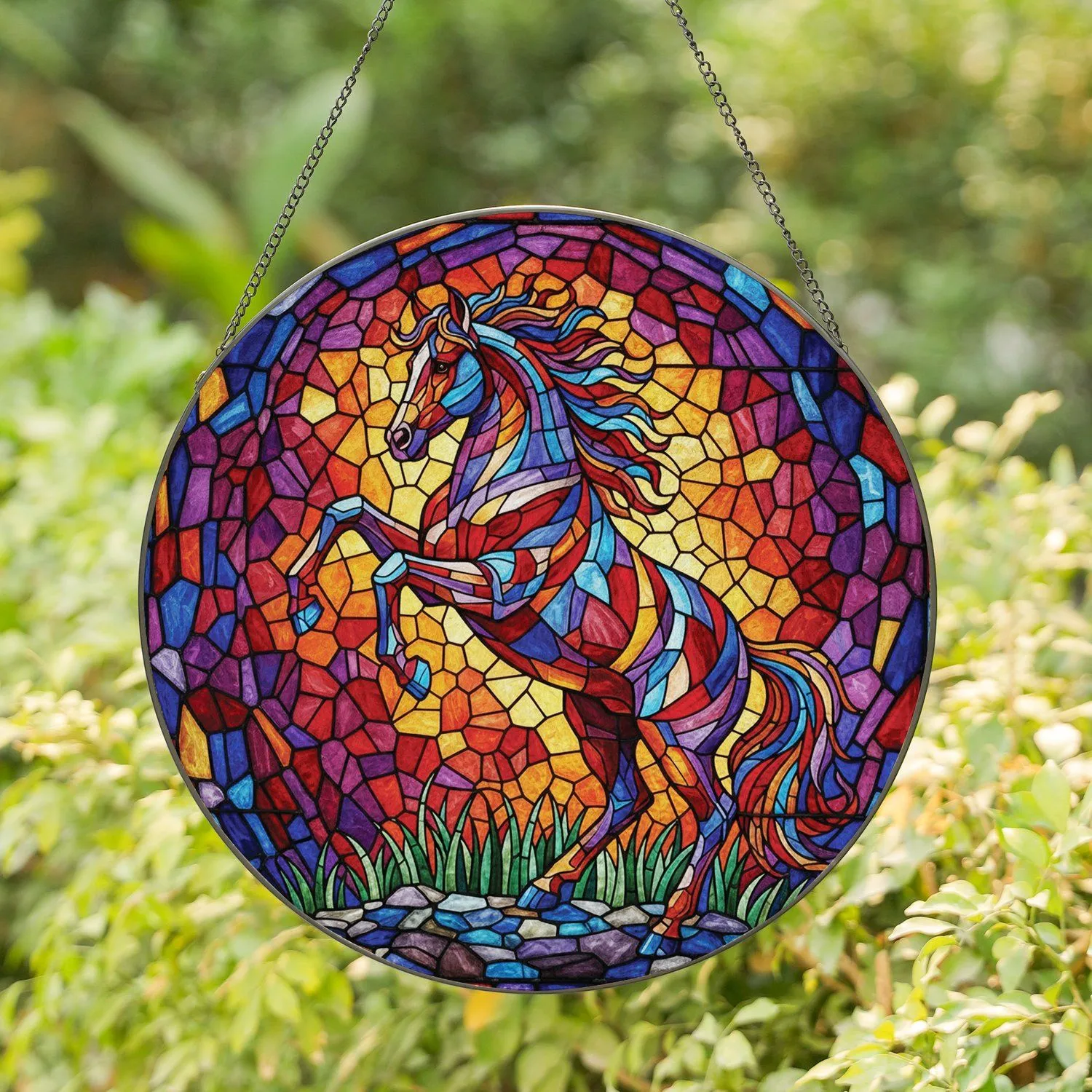 Upright Stained Glass Mosaic Horse with Flowing Mane - Home Decor Gift for Wildlife Lover Stained Glass Suncatcher - 1