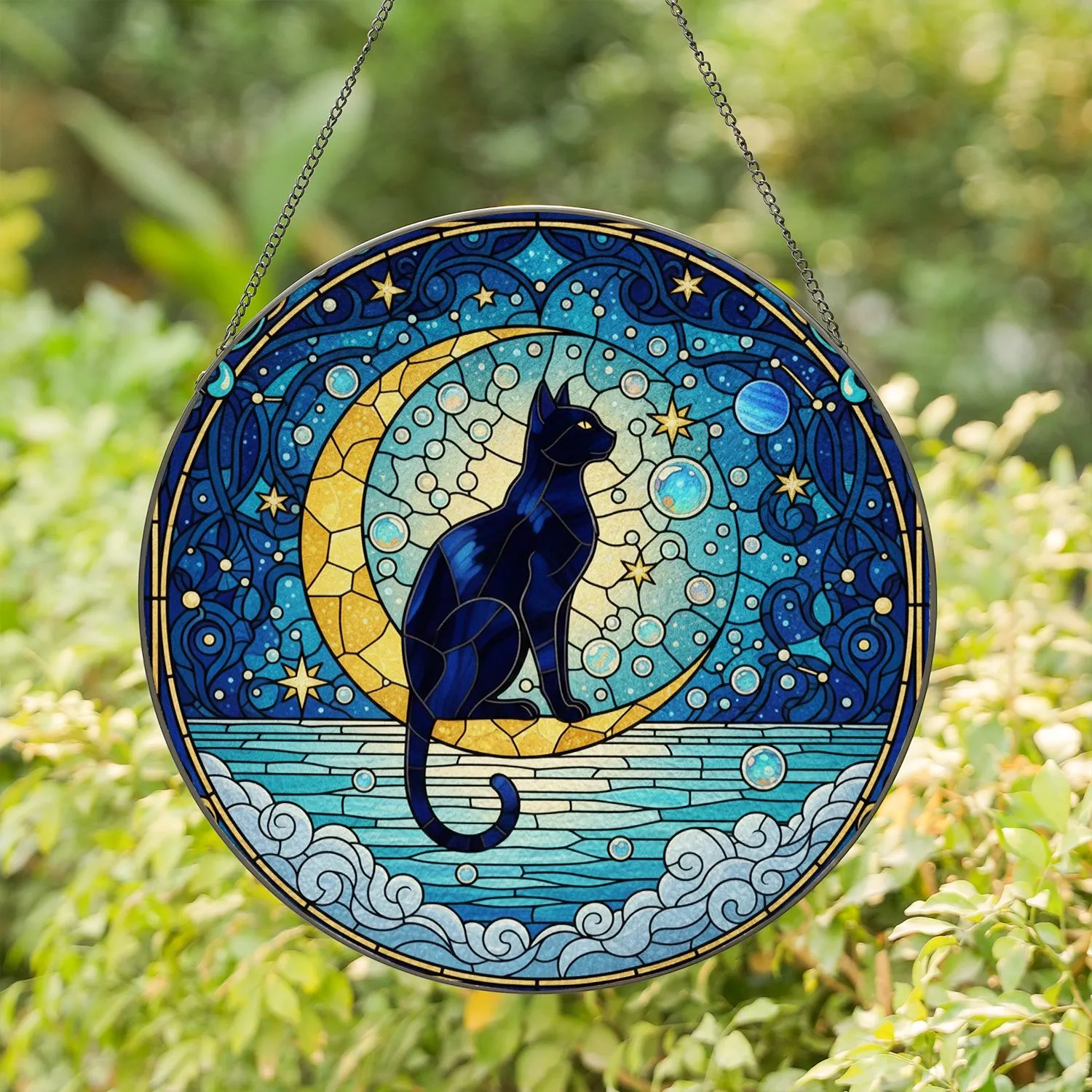 Black Cat Golden Crescent Moon Twinkling Stars - Cat Lover Home Decor Gift Stained Glass Suncatcher - 1