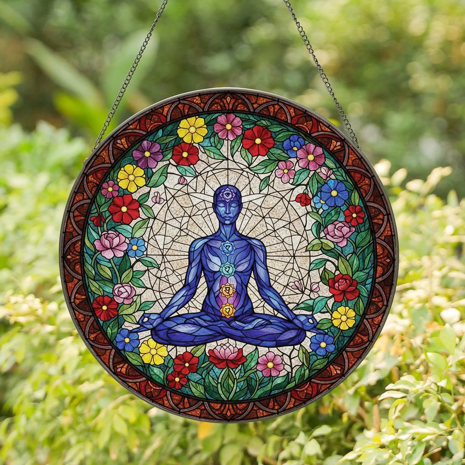 Chakra Symbols Meditating Lotus Figure Floral Mosaic - Home Decor Gift for Yoga Lover Stained Glass Suncatcher - 1