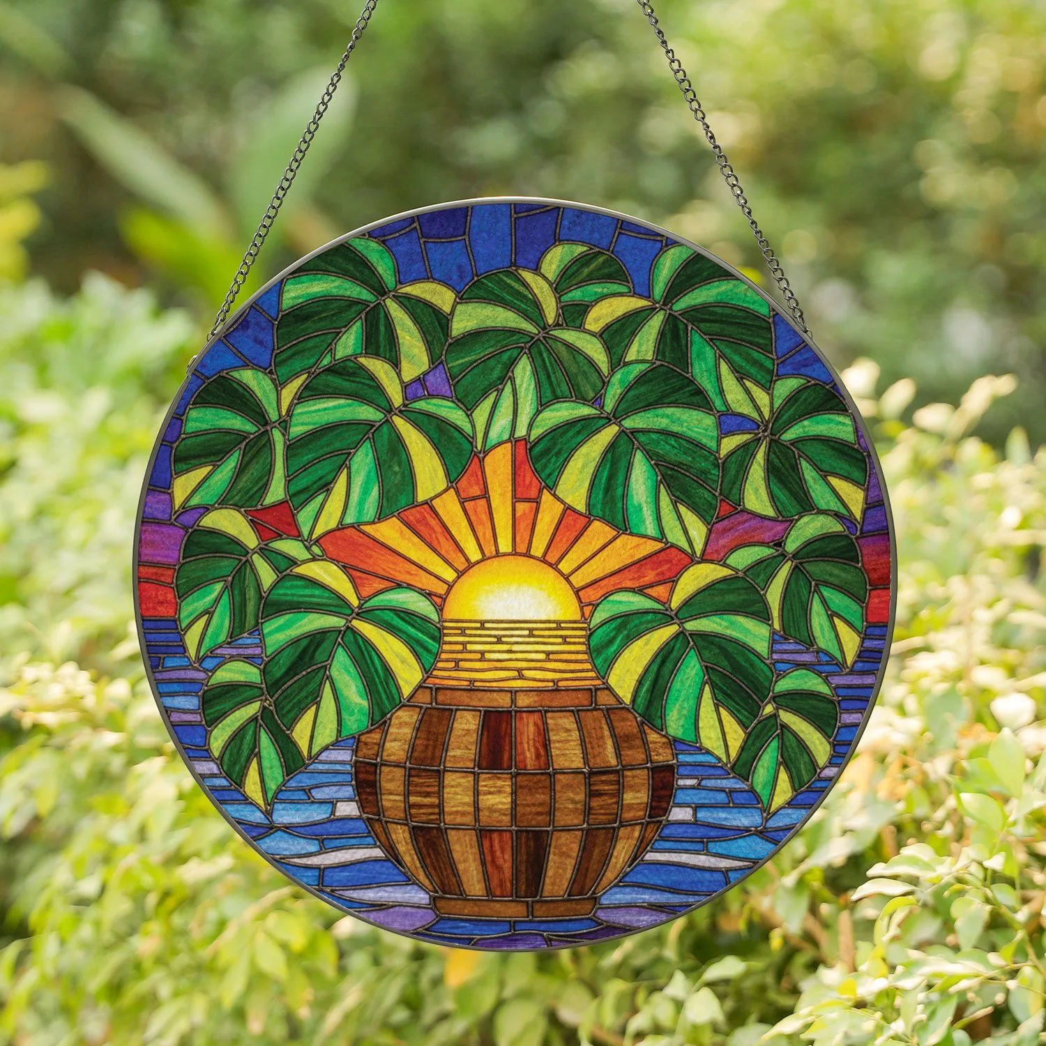 Stout Planter Lush Foliage Heart Leaves Sunset Water Waves - Home Decor Gift Stained Glass Suncatcher - 1