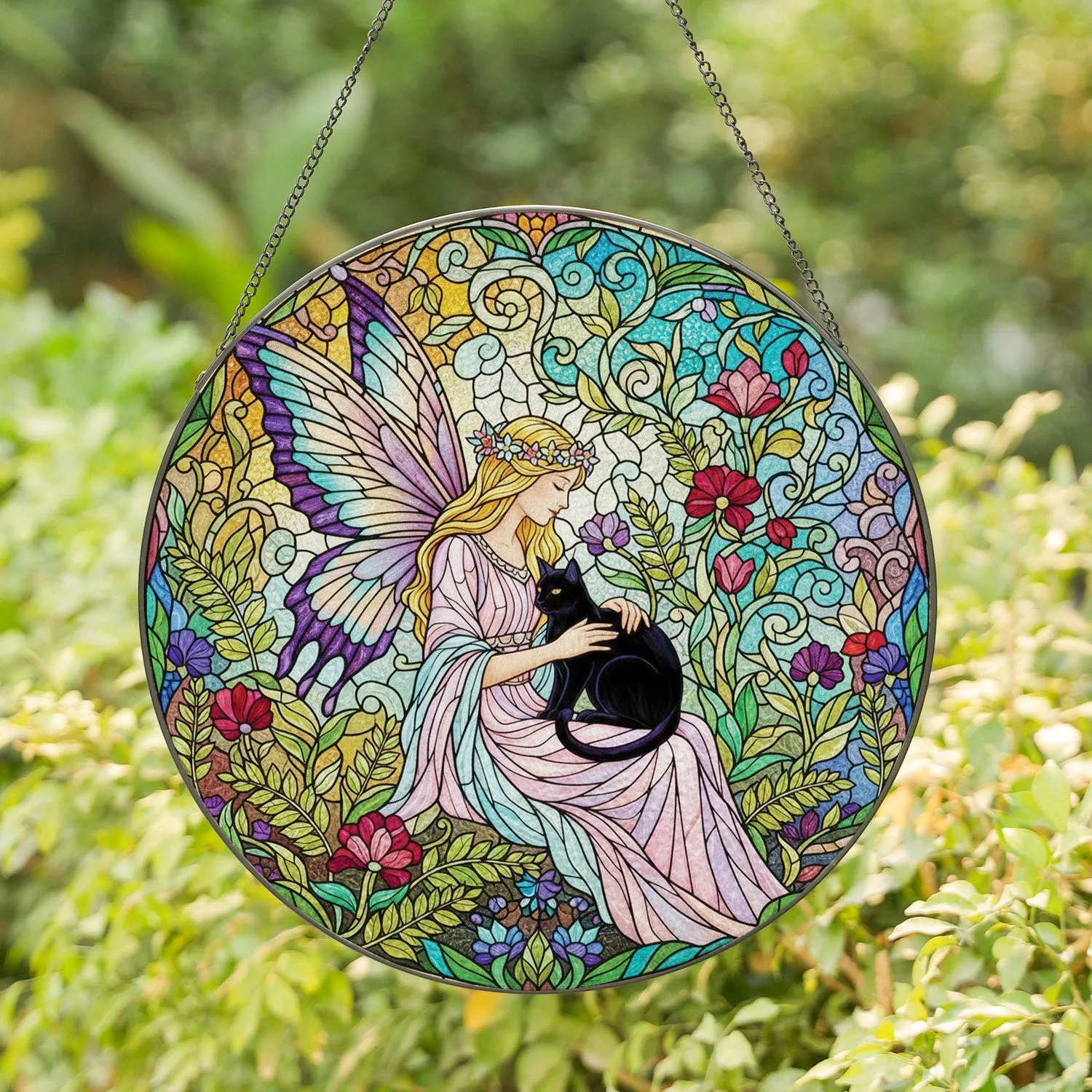 Stained Glass Fairy Woman Butterfly Wings Black Cat Floral Garden - Home Decor Gift Stained Glass Suncatcher - 1