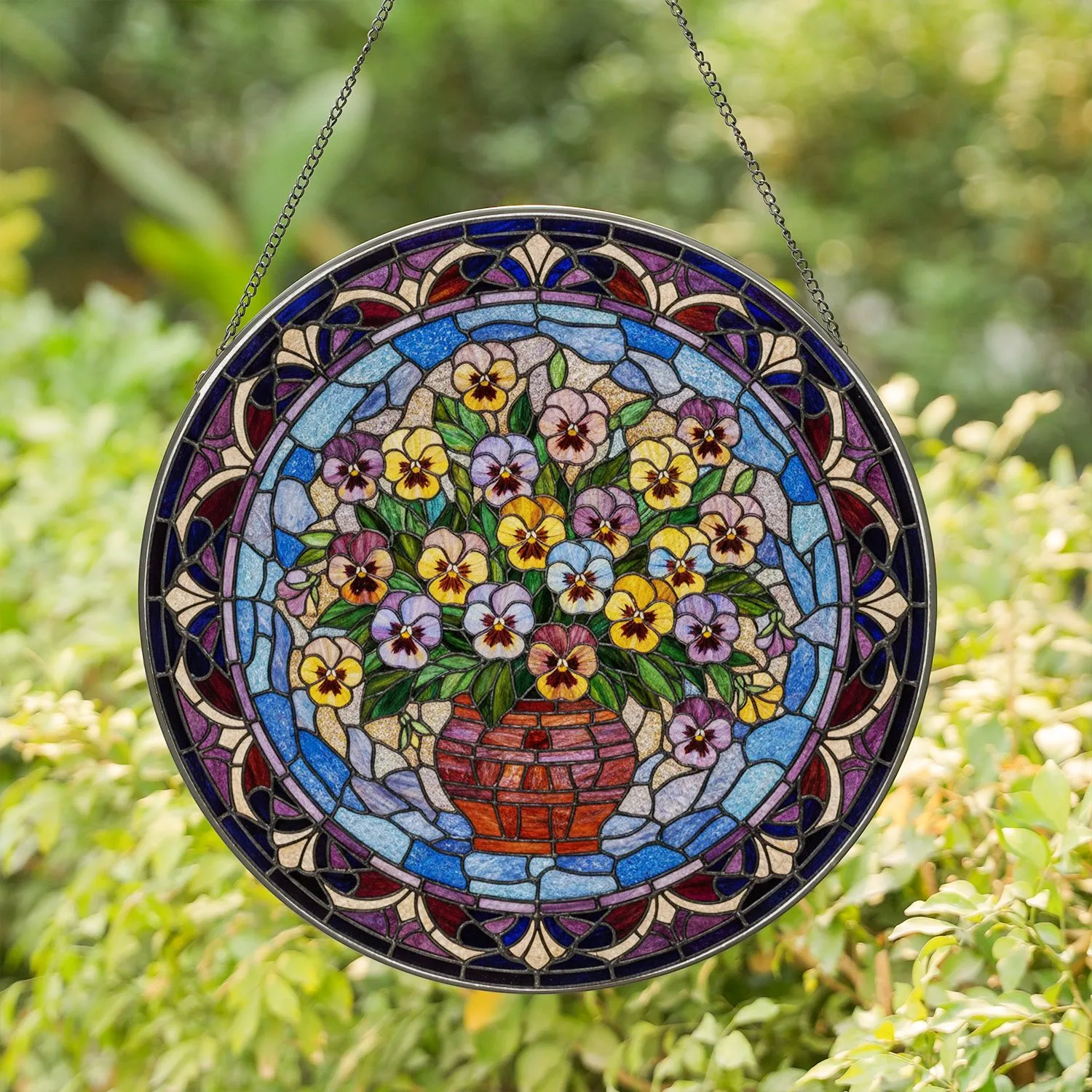 Multi-Hued Pansy Bouquet Tiffany Glass Floral - Home Decor Gift for Flower Lovers Stained Glass Suncatcher - 1