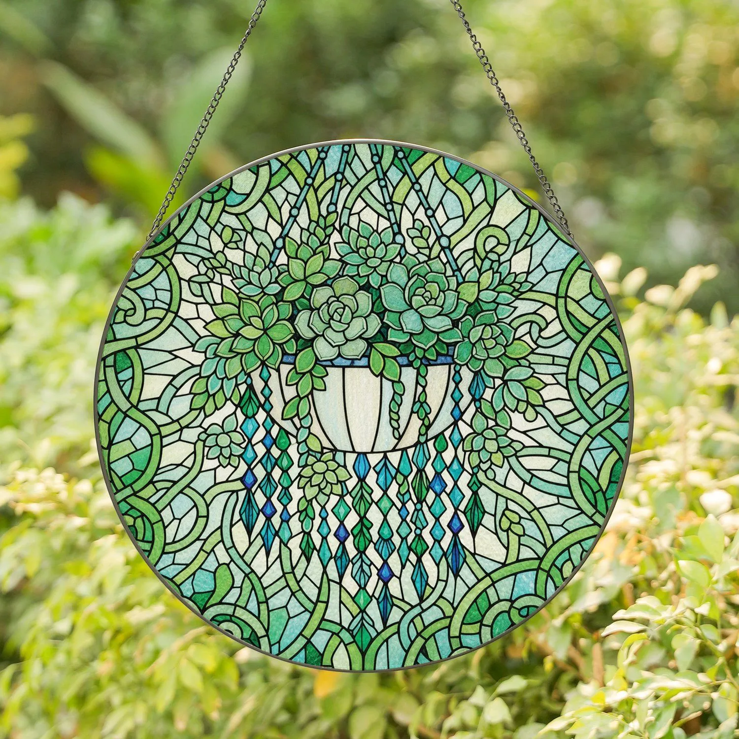 Glowing Jewel Tone Ornate Succulent Planter Cascading Glass Beads - Home Decor Gift Stained Glass Suncatcher - 1