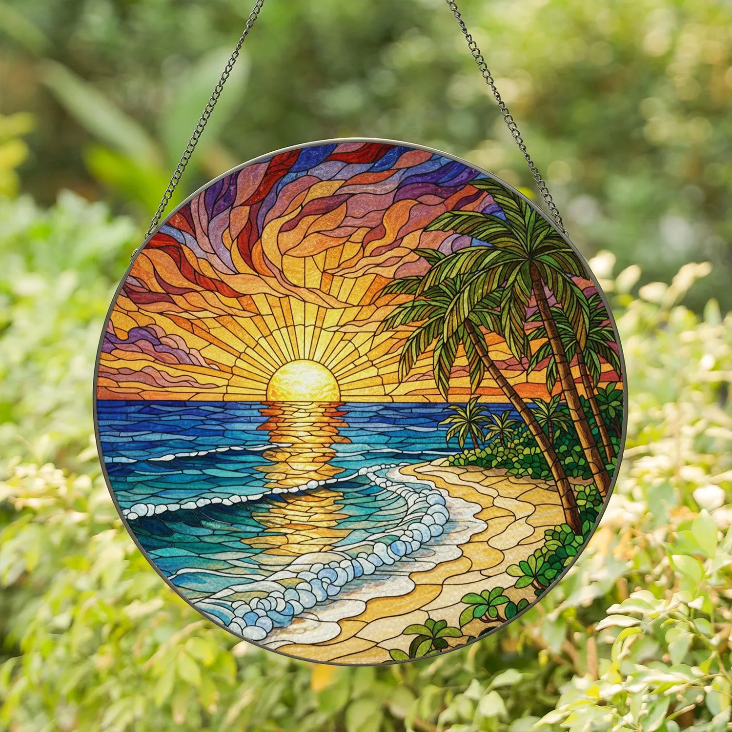 Tropical Beach Sunset Ocean Palm Trees Golden Sun Shimmering Light Path Home Decor Gift Stained Glass Suncatcher - 1