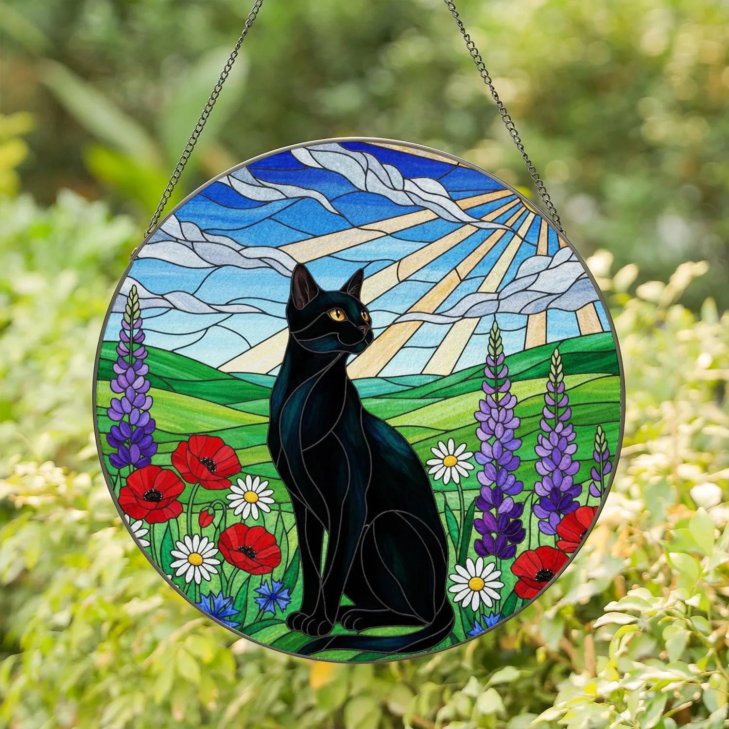 Black Cat Wildflower Poppies Daisies Landscape Sun - Home Decor Gift for Cat Lover Stained Glass Suncatcher - 1