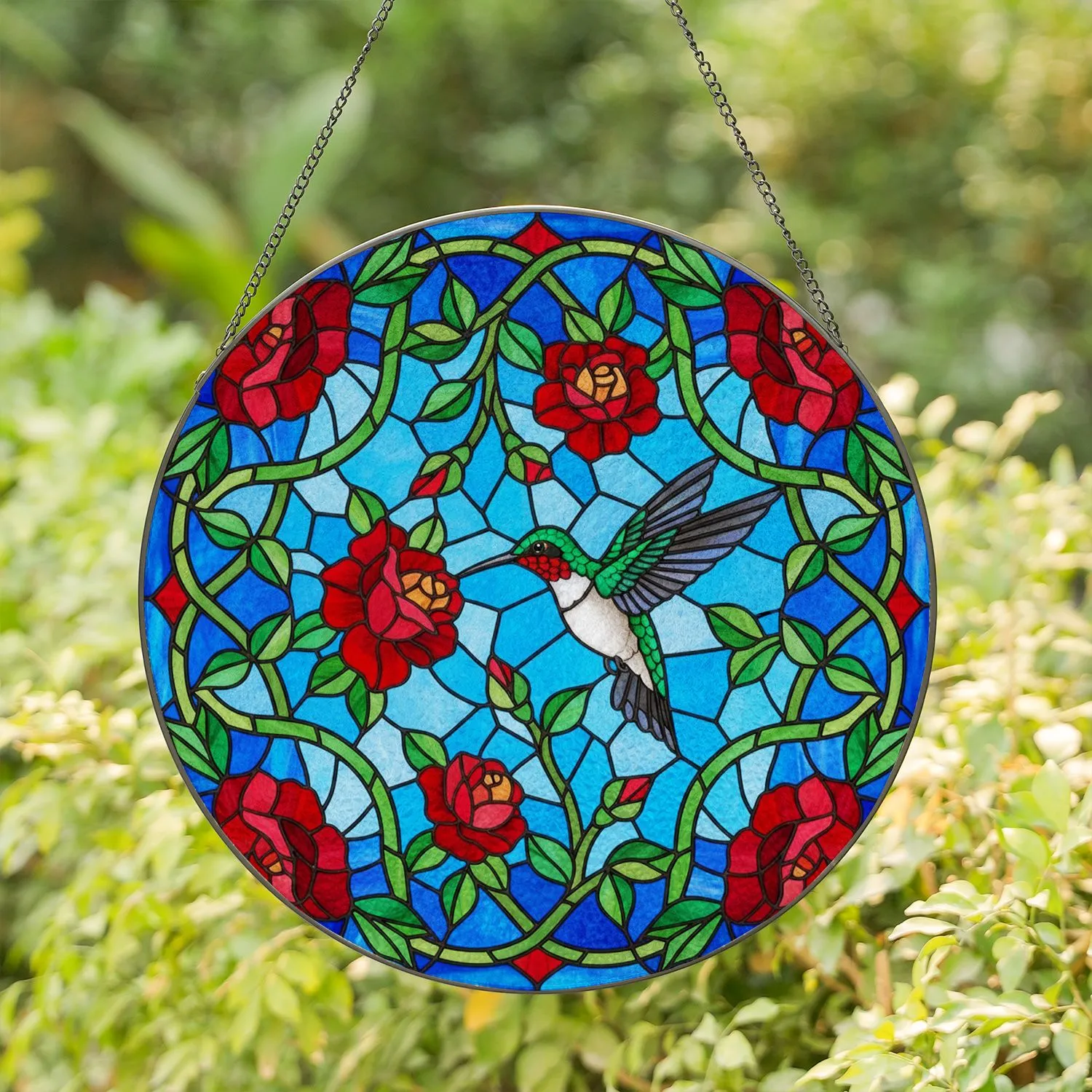 Iridescent Hummingbird Red Roses Tiffany Glass - Home Decor Gift for Bird Lover Stained Glass Suncatcher - 1