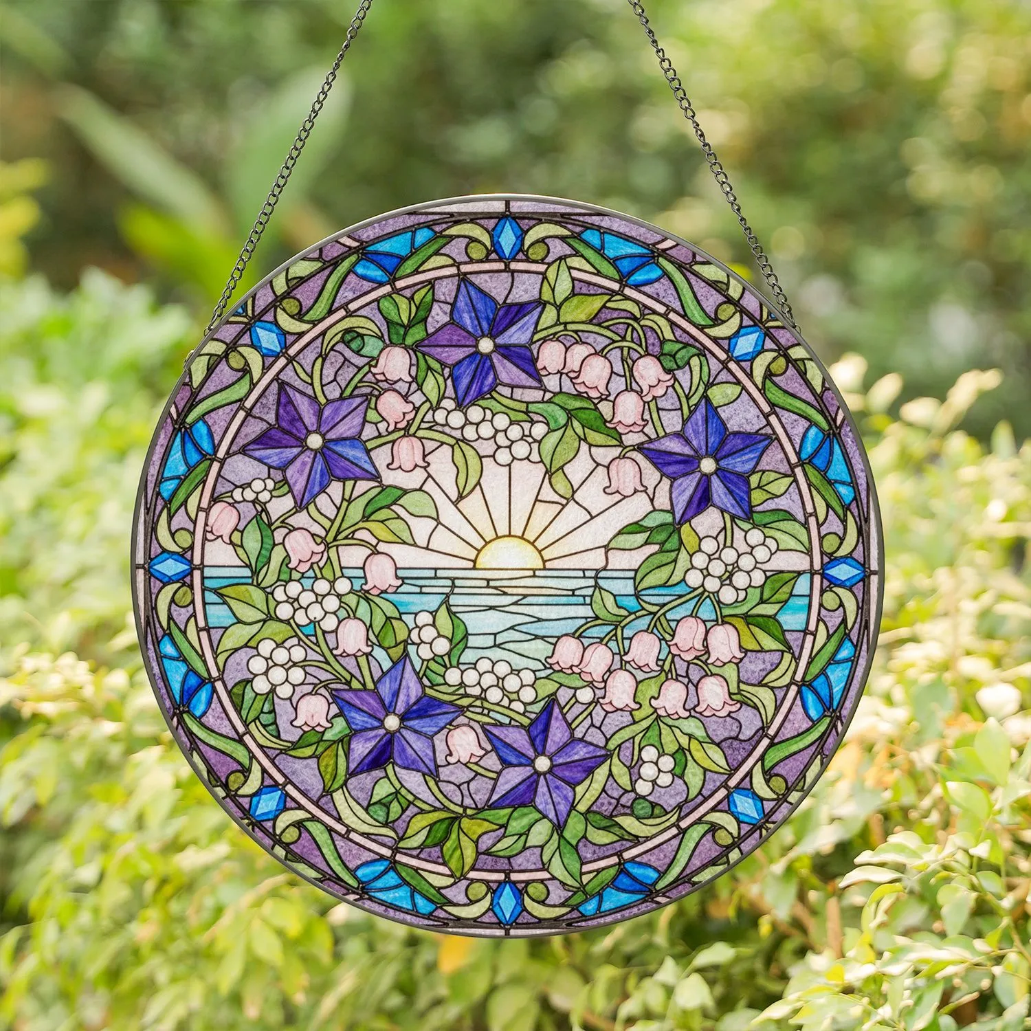 Purple Blue Star Bell Flowers Golden Sun Ocean Landscape Filigree Gem Border - Home Decor Gift Stained Glass Suncatcher - 1