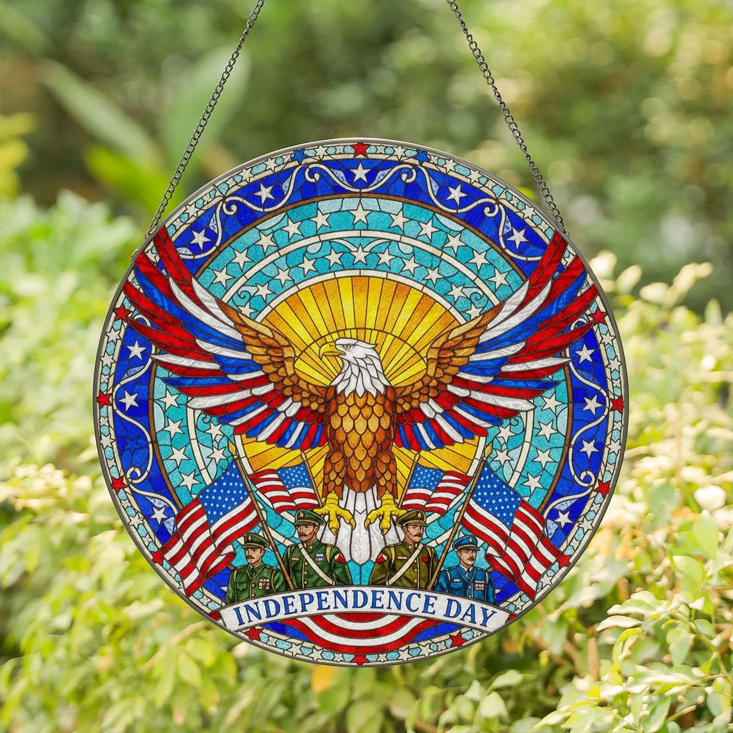 Bald Eagle Golden Sunburst American Flags Military Figures Independence Day Decor Stained Glass Suncatcher - 1