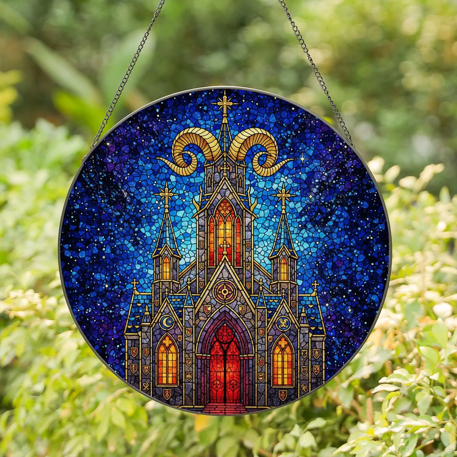 Gothic Castle Ram Horns Cross Finials Tiffany Glass Cosmic Sky - Home Decor Gift Stained Glass Suncatcher - 1