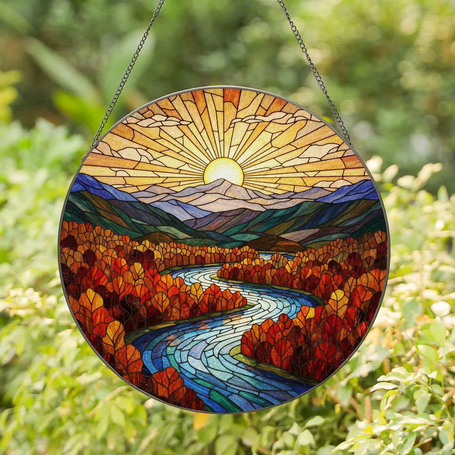 Rising Sun River Autumn Trees Mountain Hills Landscape - Home Decor Gift for Nature Lover Stained Glass Suncatcher - 1