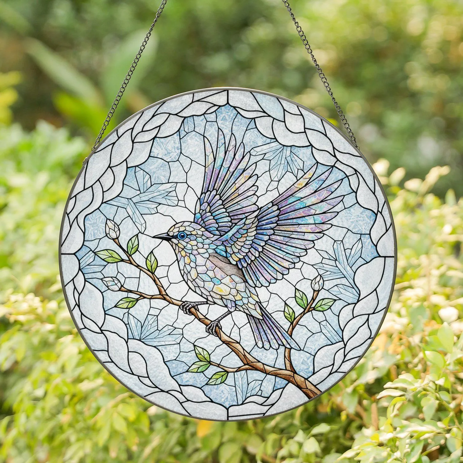 Jeweled Songbird Stained Glass Branch Ice Swirls - Home Decor Bird Lover Gift Stained Glass Suncatcher - 1