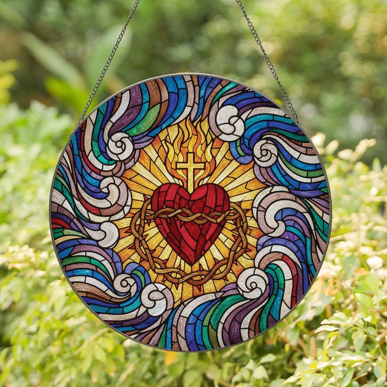 Stained Glass Sacred Heart Iridescent Mosaic Golden Cross Crown of Thorns - Home Decor Gift Stained Glass Suncatcher - 1