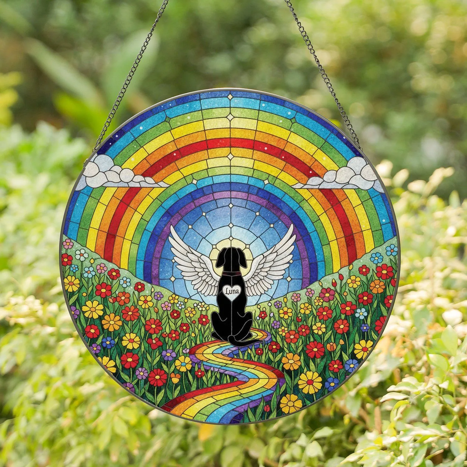 Black Dog Angel Wings Luna Rainbow Wildflowers - Pet Memorial Home Decor Gift Stained Glass Suncatcher - 1