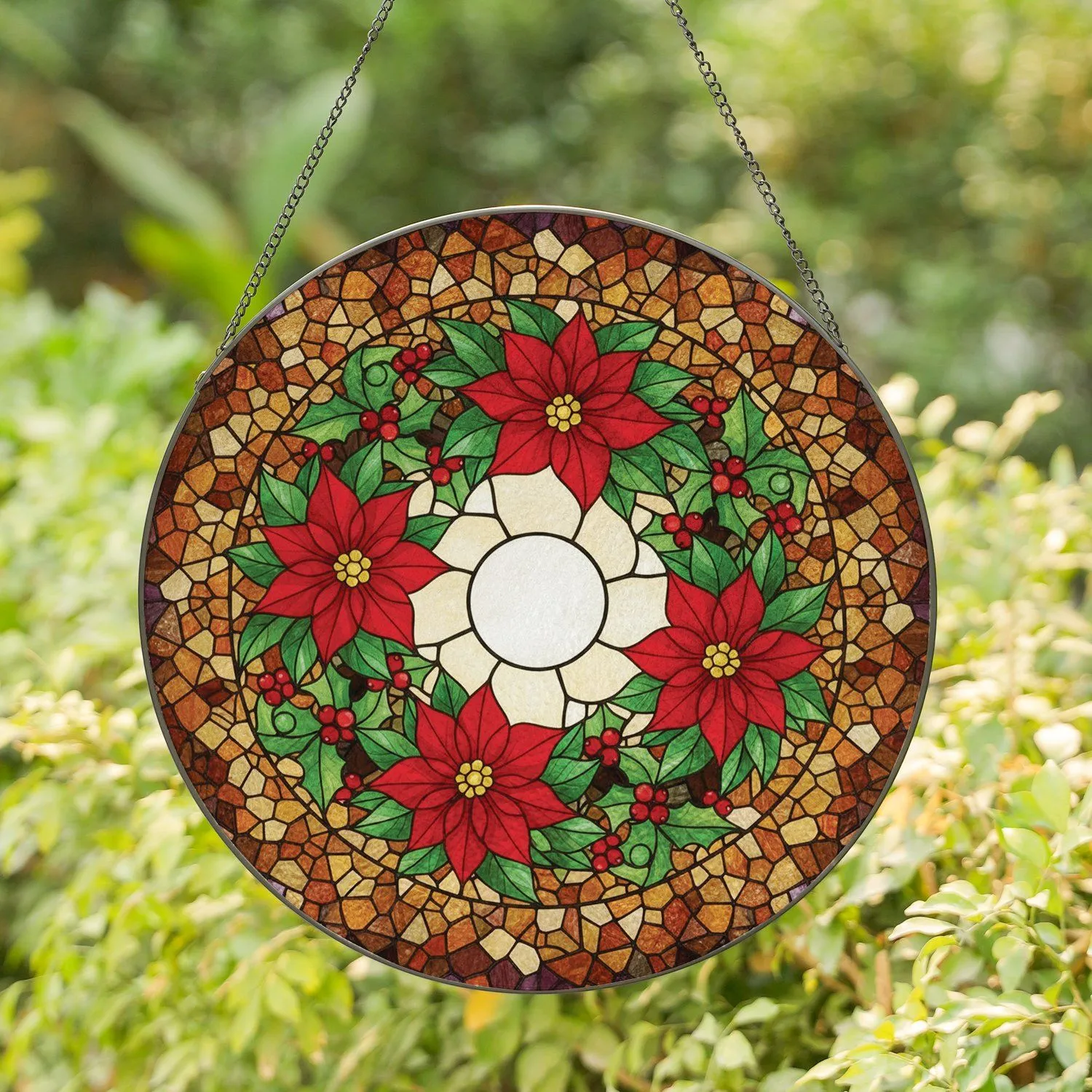 Red Poinsettia Holly Berries Christmas Wreath Stained Glass - Holiday Home Decor Gift Stained Glass Suncatcher - 1