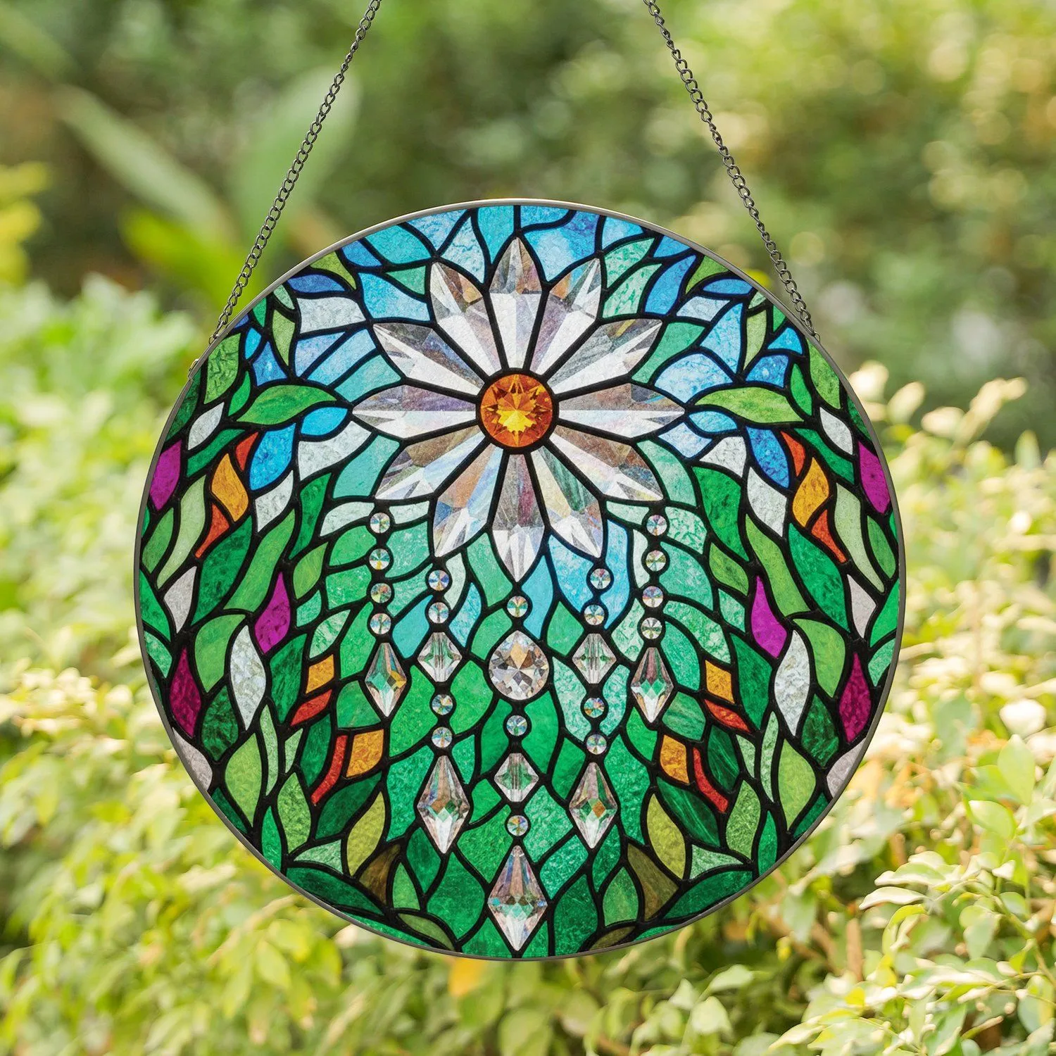 Faceted Crystal Daisy Tiffany Glass Lush Foliage - Home Decor Gift for Flower Lovers Stained Glass Suncatcher - 1