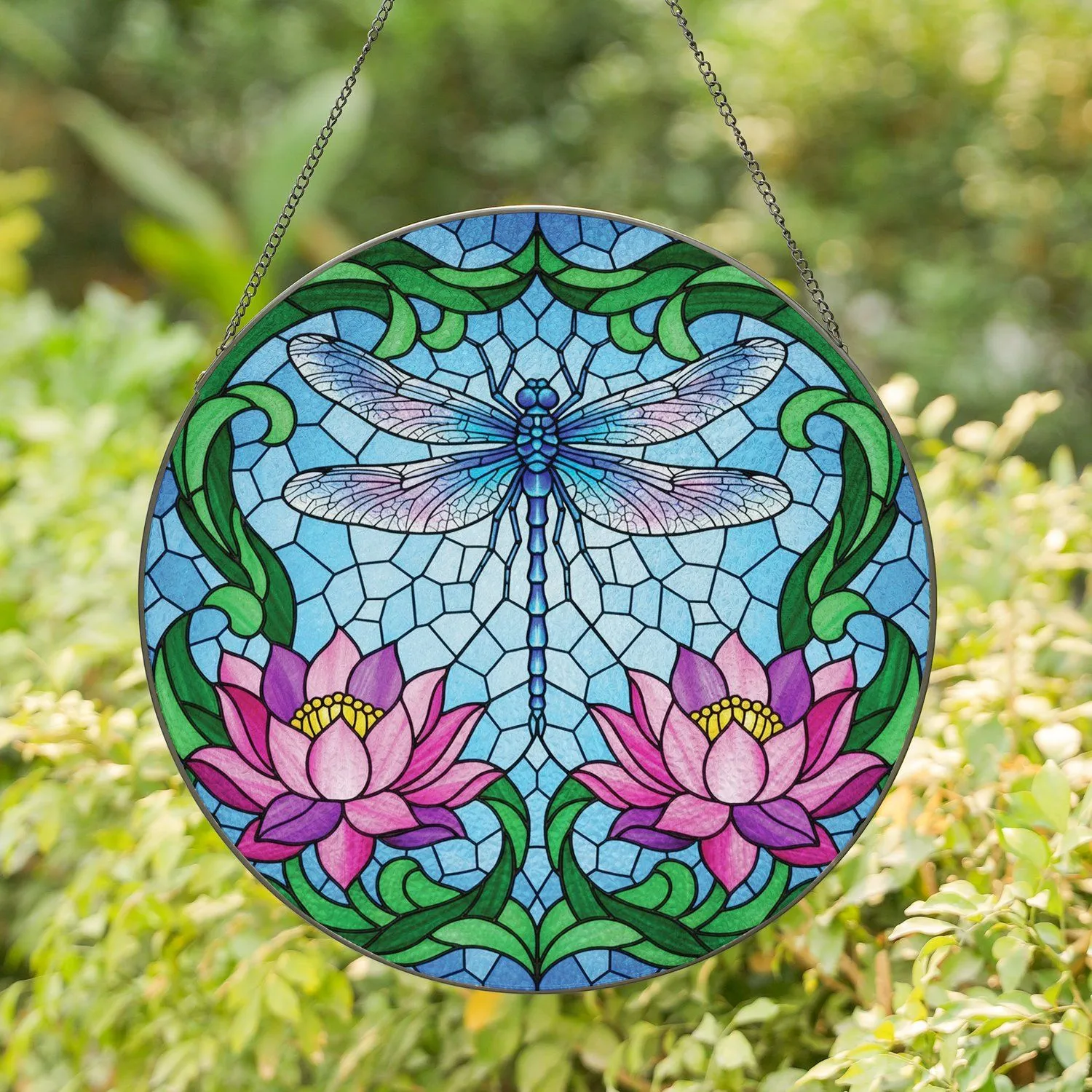 Dragonfly Lotus Flowers Leaves Stained Glass - Home Decor Gift for Wildlife Lovers Stained Glass Suncatcher - 1