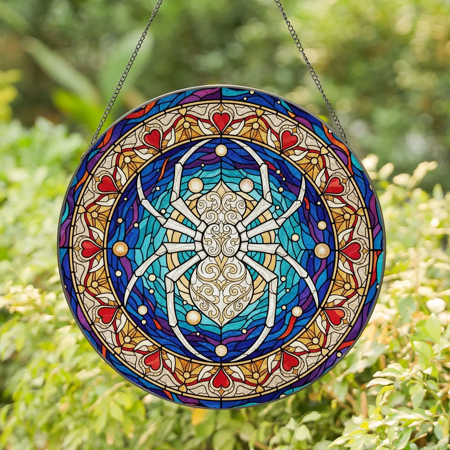 Ornate White Spider Cosmic Nebula Heart Sun - Home Decor Gift for Spider Lover Stained Glass Suncatcher - 1