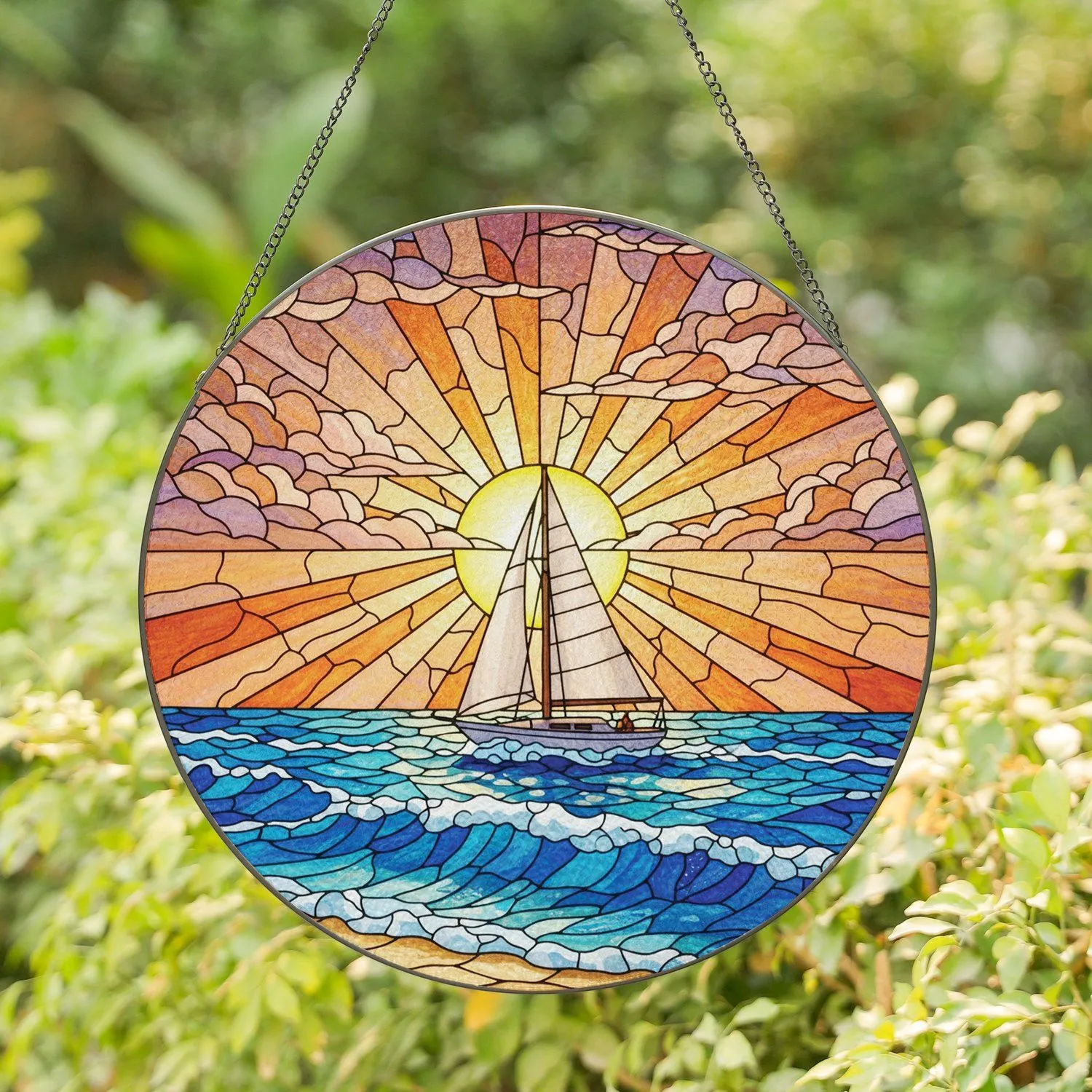 Majestic Sailboat Ocean Waves Sandy Beach Sunset Scene - Nautical Home Decor Gift for Sailors Stained Glass Suncatcher - 1