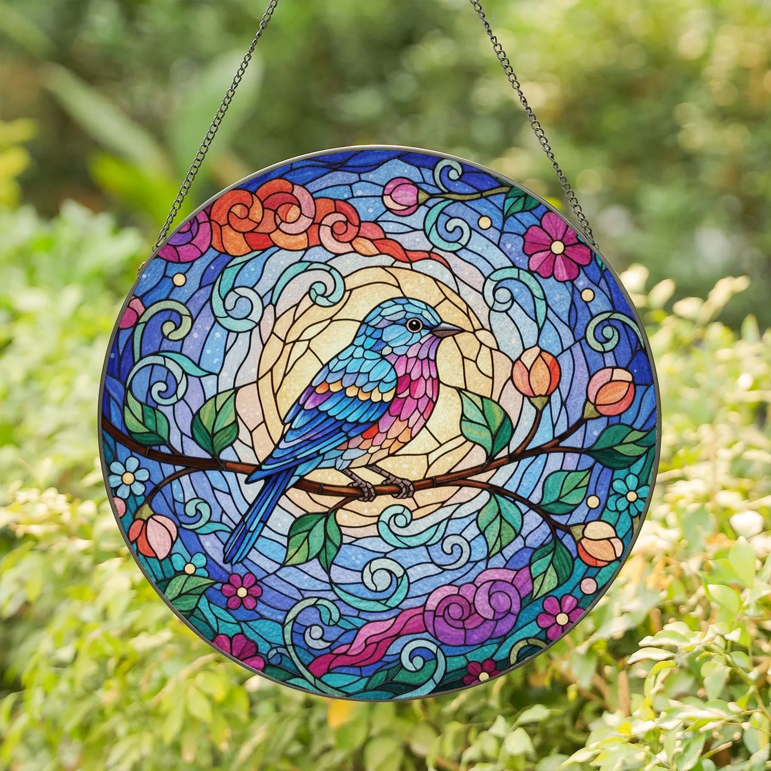 Colorful Songbird Branch Leaves Flower Buds Garden Home Decor Gift Stained Glass Suncatcher - 1