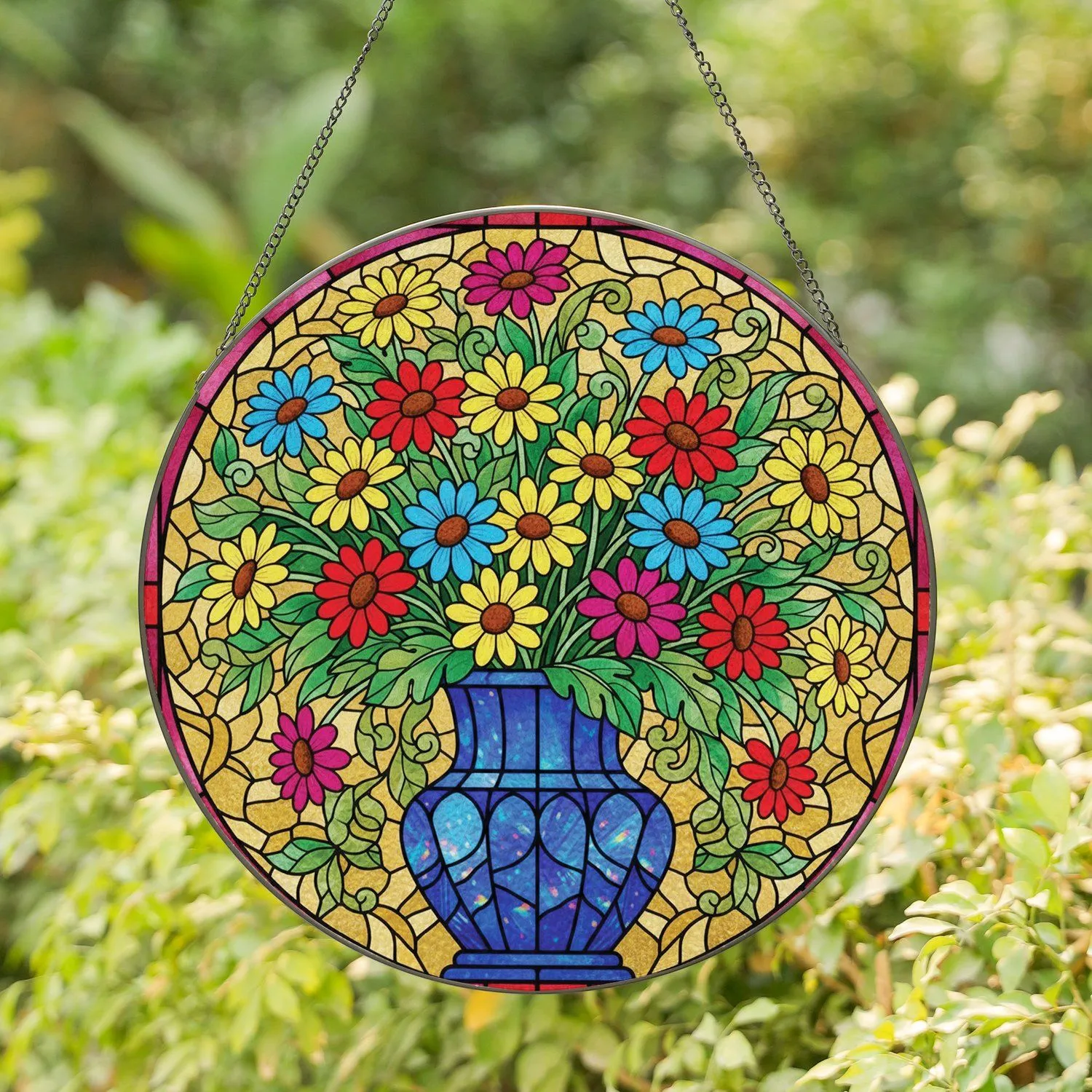 Stained Glass Daisy Flower Bouquet Ornate Blue Vase Mosaic - Home Decor Gift Stained Glass Suncatcher - 1